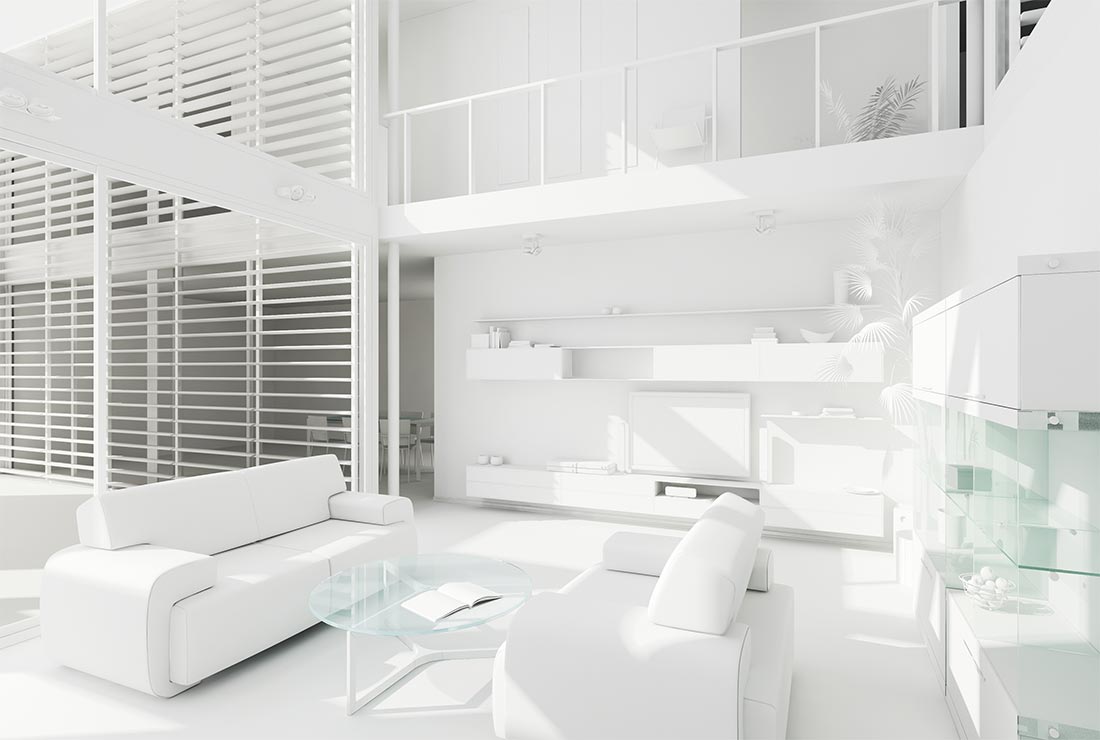 Modern minimalist living room with white furniture, glass coffee table, and large windows, showcasing a bright and airy atmosphere, relevant to Bear Essentials handyman services portfolio.
