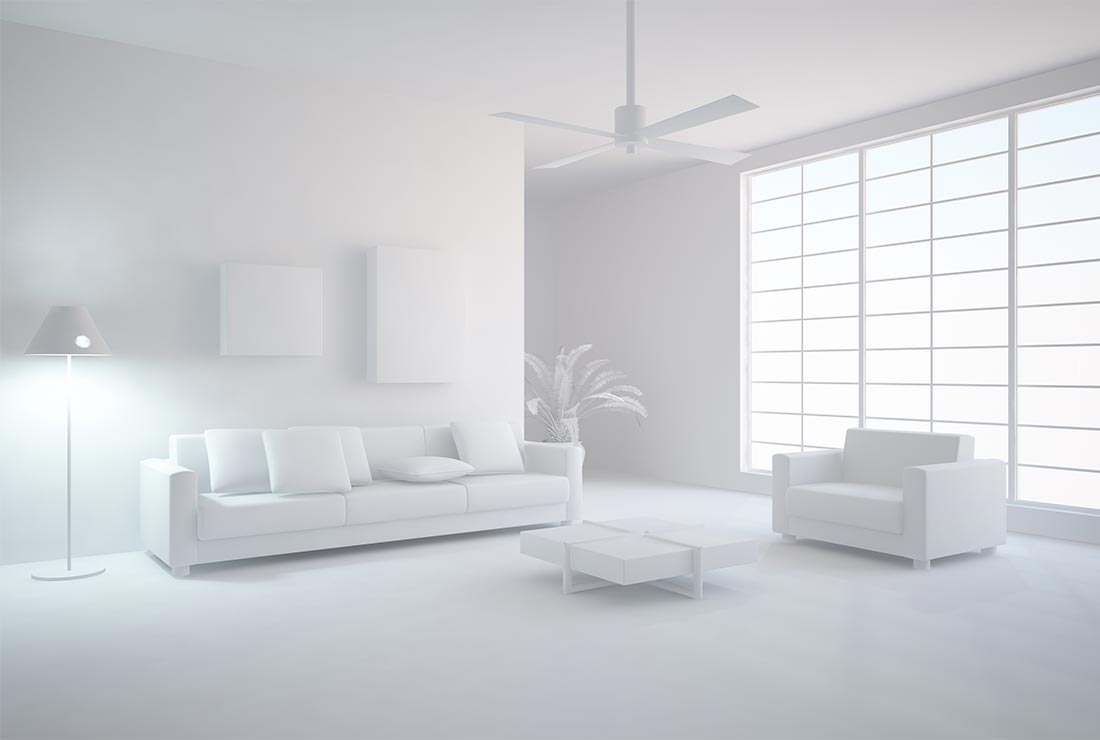 Modern minimalist living room with white furniture, a floor lamp, and large windows allowing natural light.