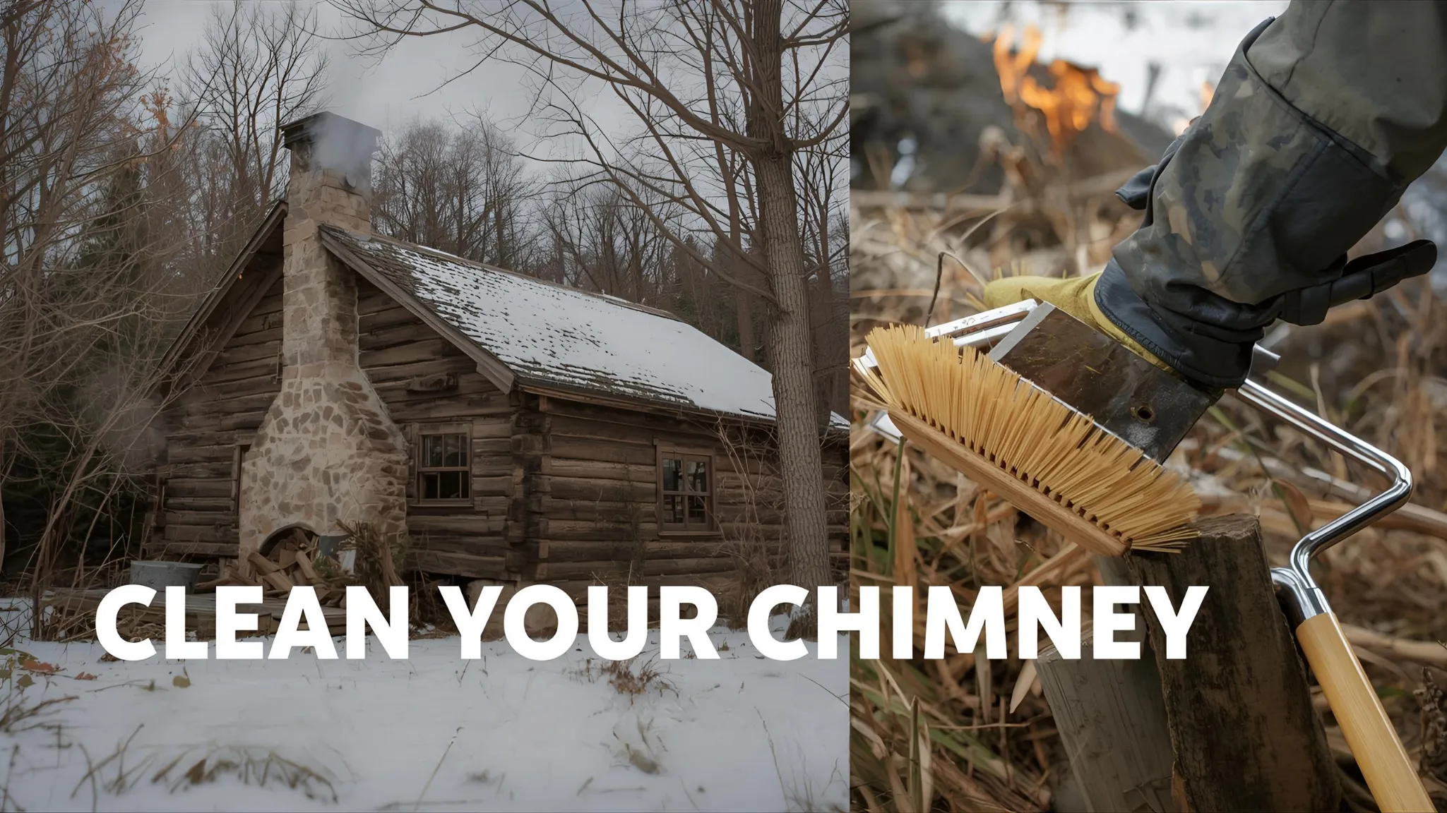 Log cabin with snow-covered roof and chimney, alongside chimney cleaning brush, emphasizing the importance of chimney maintenance for winter preparation.