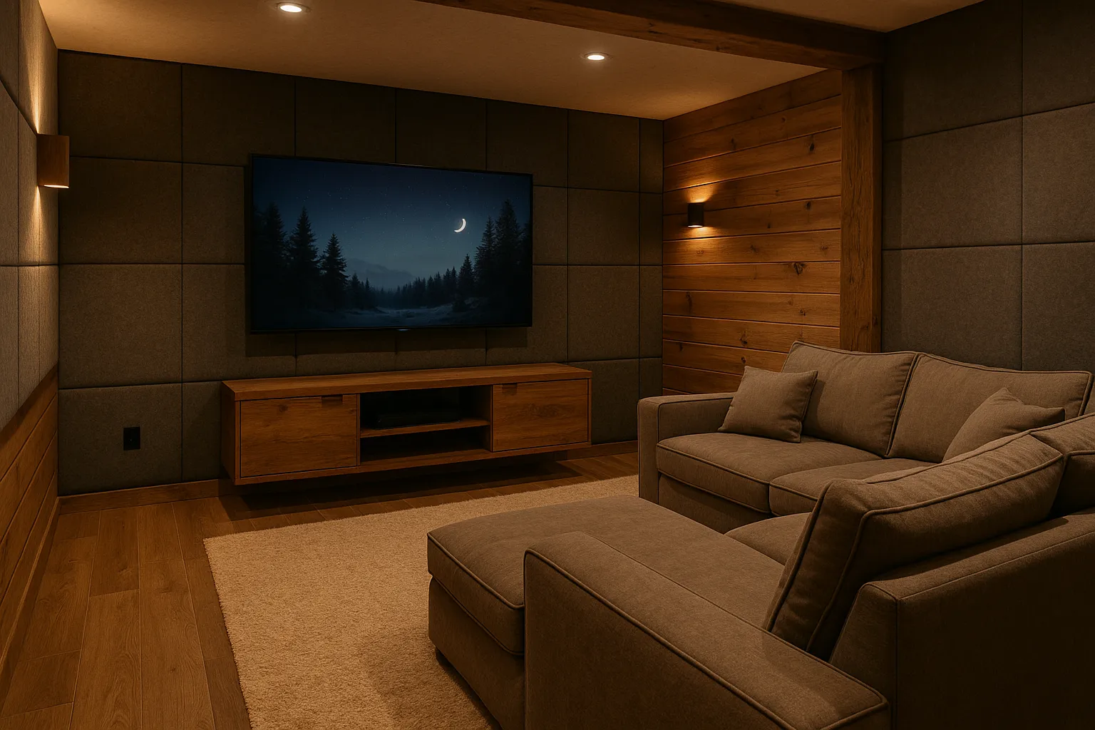 Cozy basement lounge area with a TV displaying a serene forest landscape, featuring warm wood accents, plush seating, and soft lighting, ideal for vacation rentals in Bear Lake.