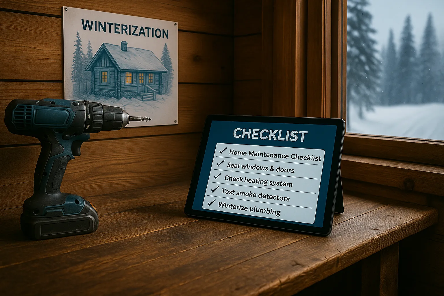 Drill and checklist on a wooden table inside a cabin, featuring a "Winterization" sign, emphasizing home maintenance tasks for Bear Lake cabin care.