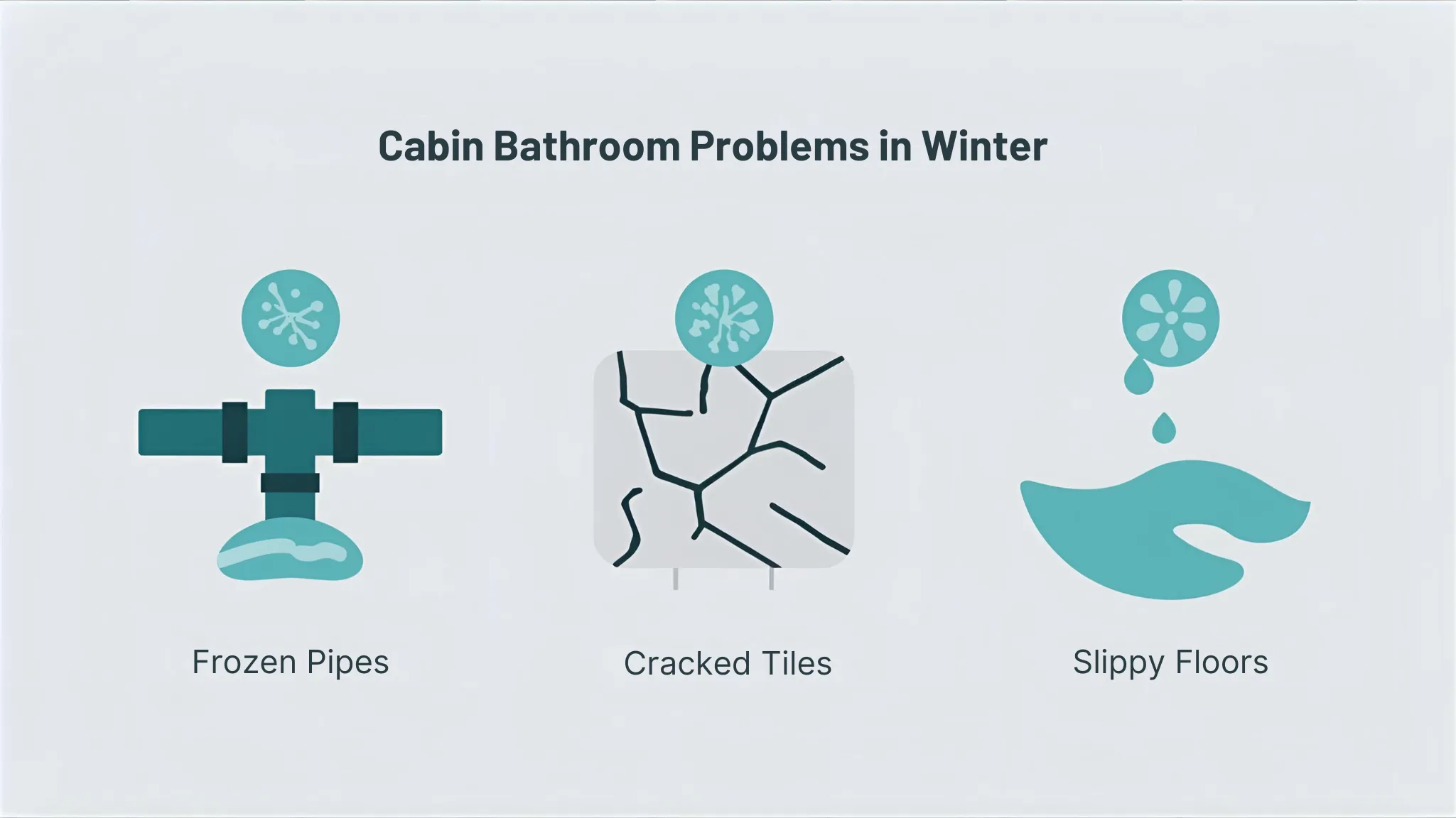 Cabin bathroom problems in winter: frozen pipes, cracked tiles, and slippy floors, highlighting winter remodeling challenges in Bear Lake.