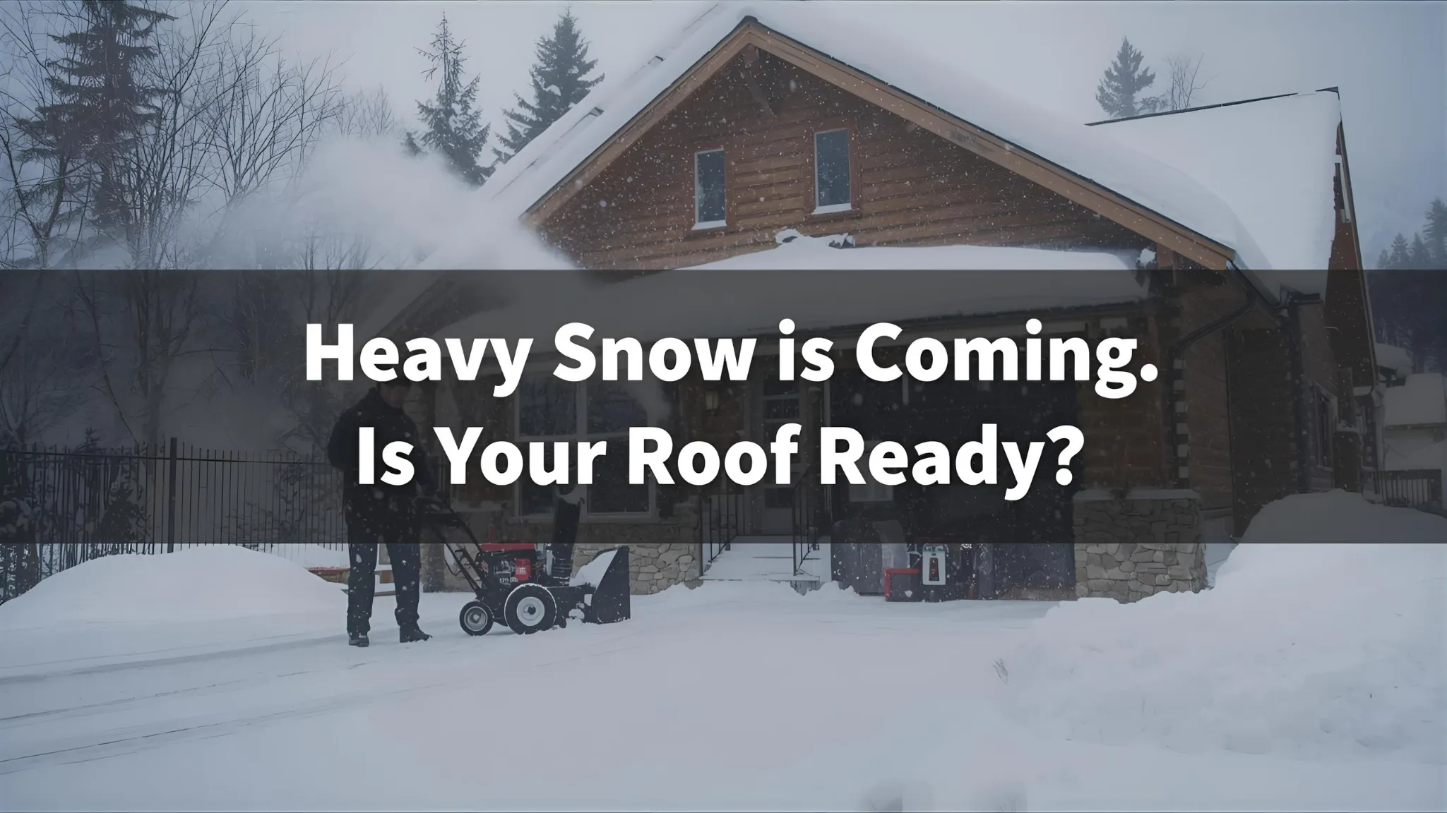 Heavy snow accumulation on a roof with a snow blower in front of a seasonal home, emphasizing winter preparedness and the need for snow removal services in Bear Lake, Idaho.