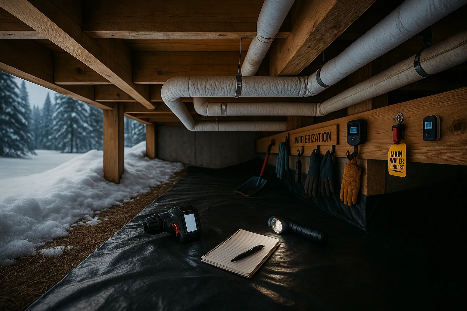 Underneath a cabin, winterization tools including a drill, flashlight, and notepad on a black tarp, with snow and pine trees visible outside.