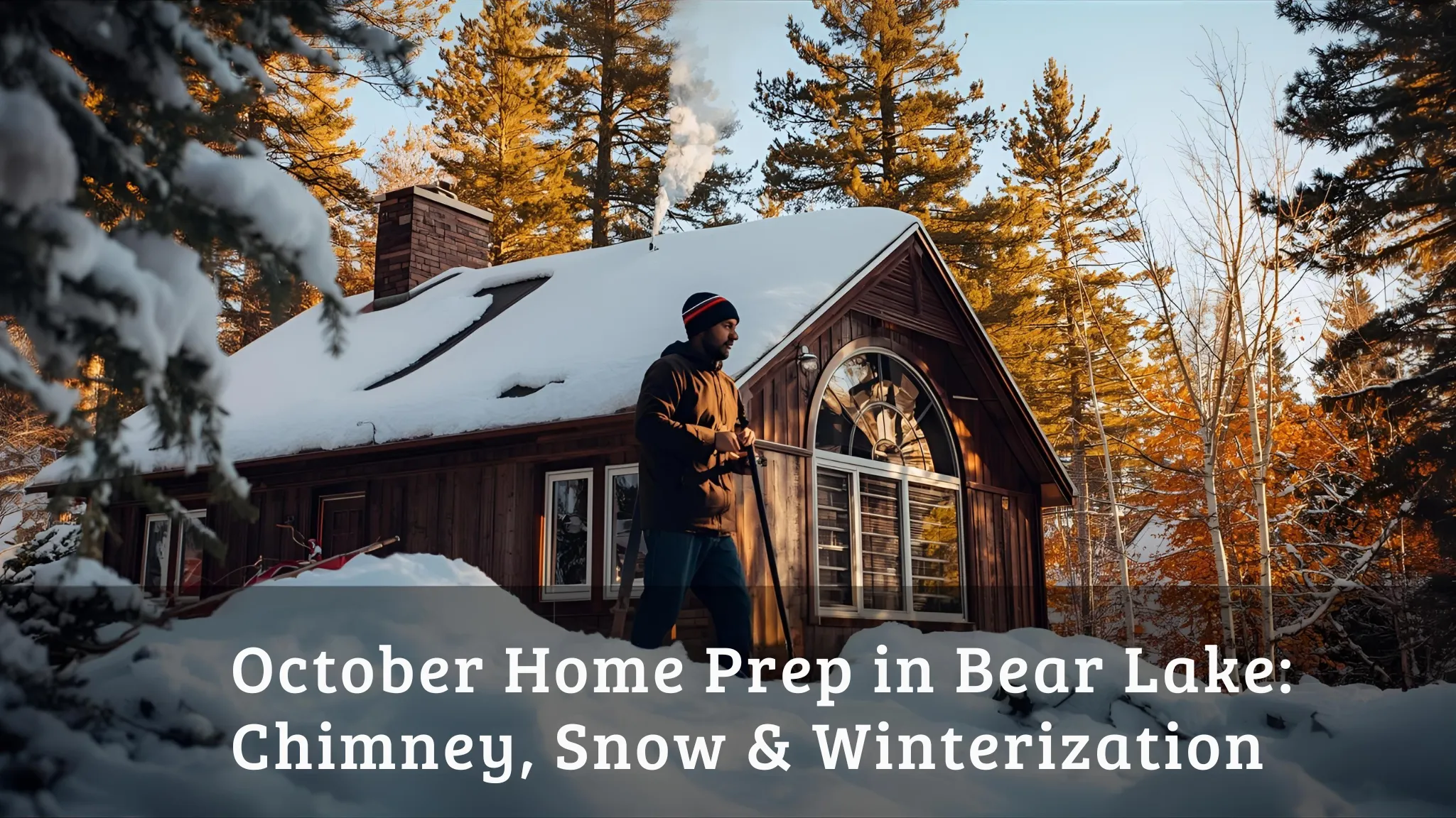 Man preparing home for winter in Bear Lake, surrounded by snow, with chimney smoke rising, emphasizing chimney cleaning and snow removal for seasonal readiness.