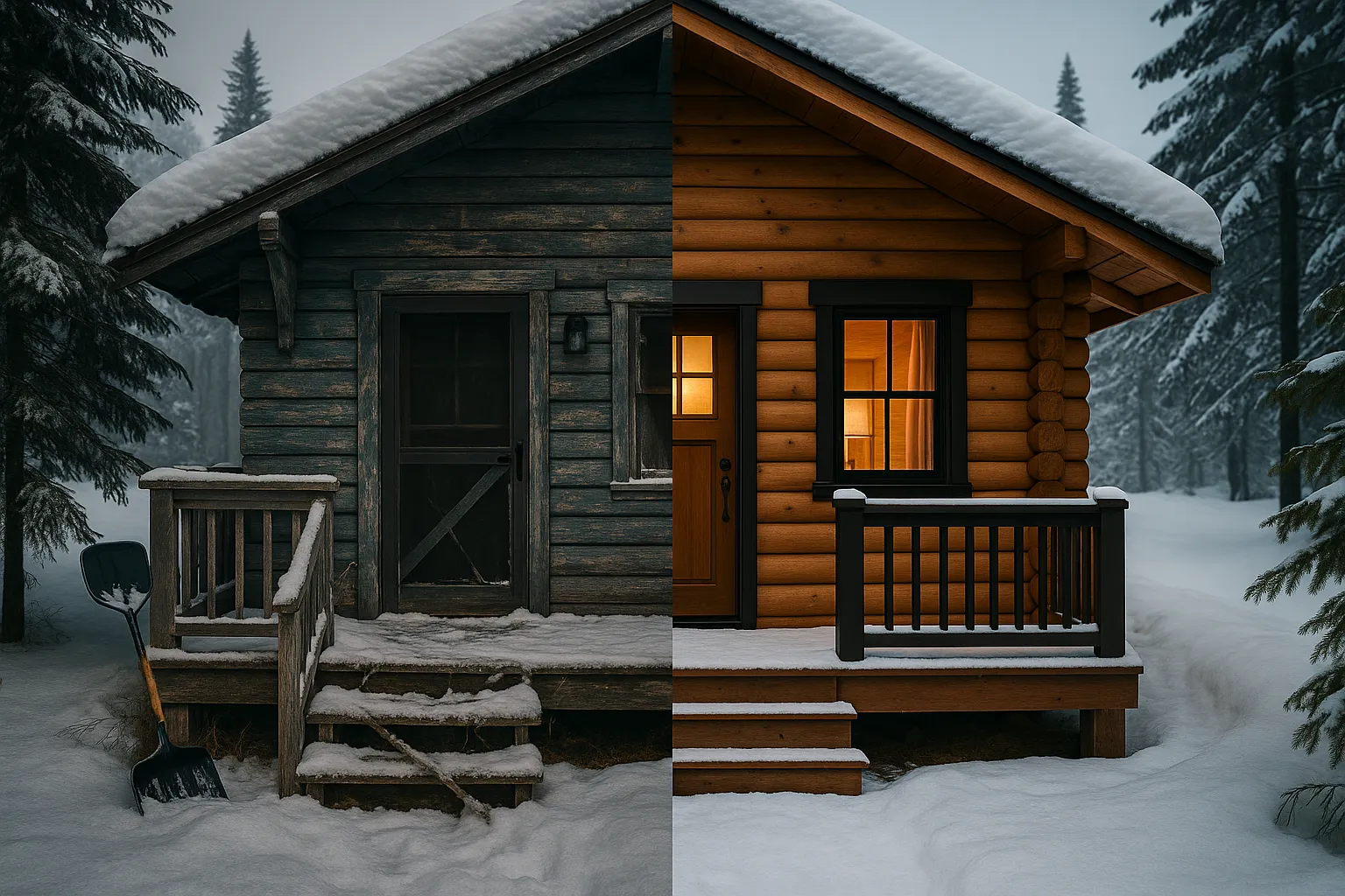 Cabin renovation comparison showing a weathered, dark wooden structure on the left and a newly renovated, warm-toned log cabin on the right, surrounded by snow and pine trees, highlighting seasonal maintenance needs for Bear Lake properties.