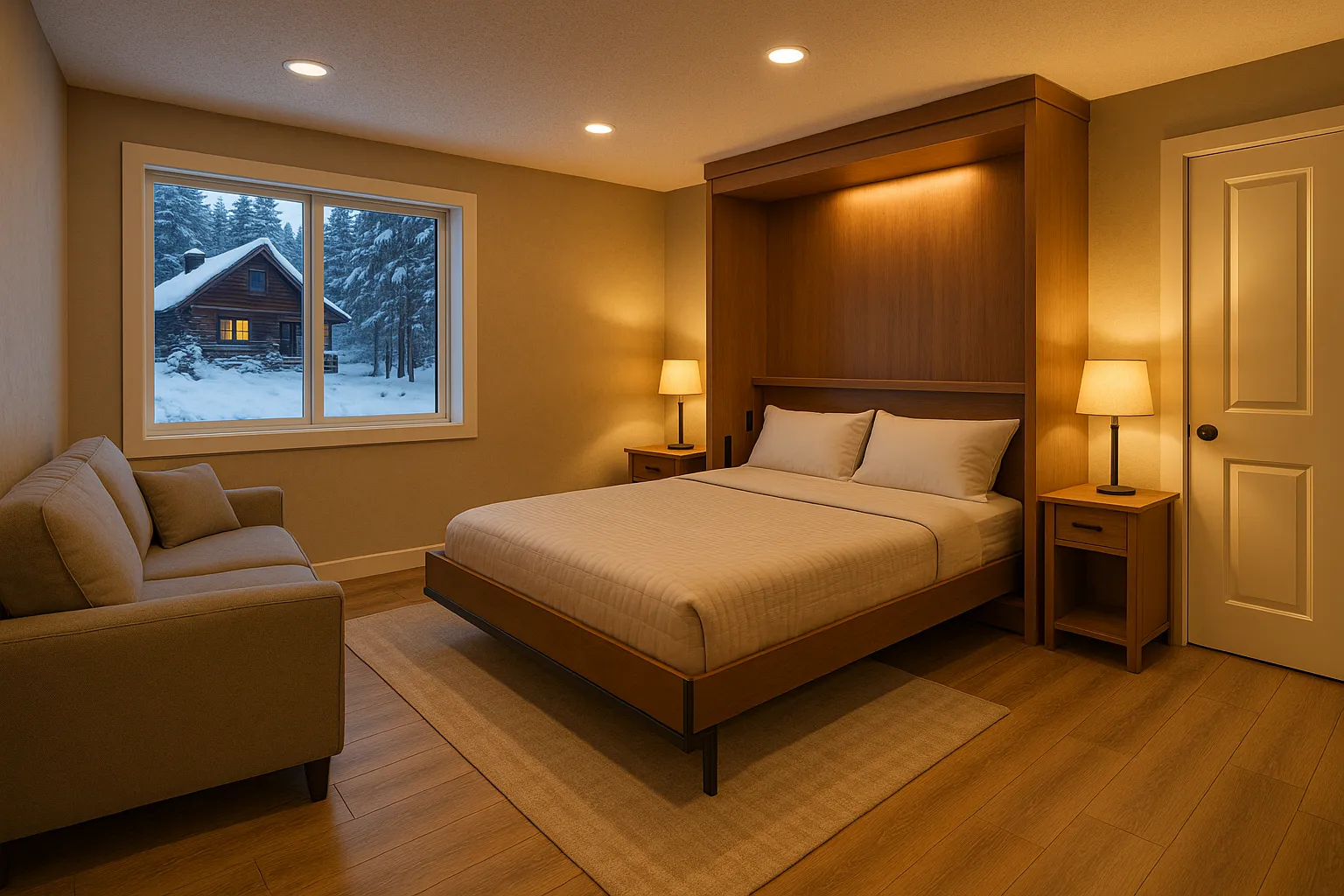 Cozy bedroom with a foldable bed, soft lighting, and a view of a snowy cabin outside, highlighting basement remodeling potential in Bear Lake, Idaho.