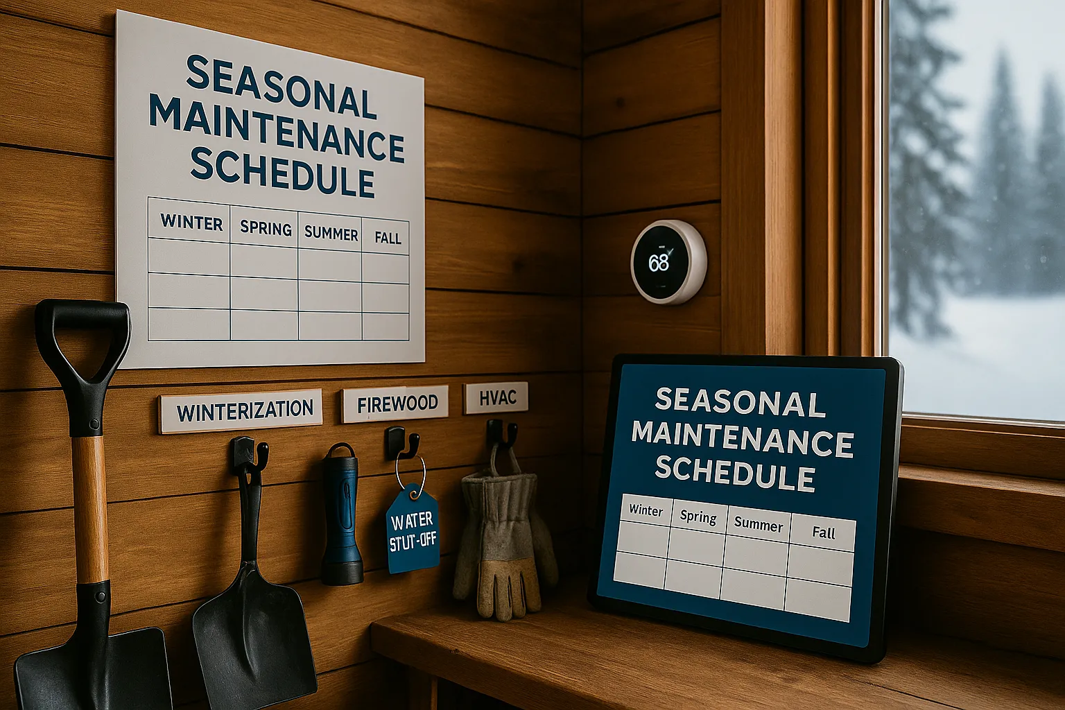 Seasonal maintenance schedule board in a cabin, featuring winter, spring, summer, and fall tasks, alongside tools for winterization, firewood, and HVAC, with a smart thermostat and window view of snowy landscape.