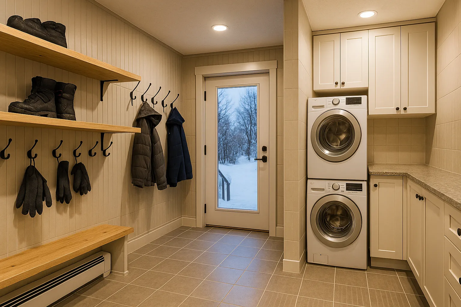 Mudroom and laundry combo featuring custom cabinets, shelving for boots, and a washer-dryer unit, designed for snowy winters and off-grid cabins.