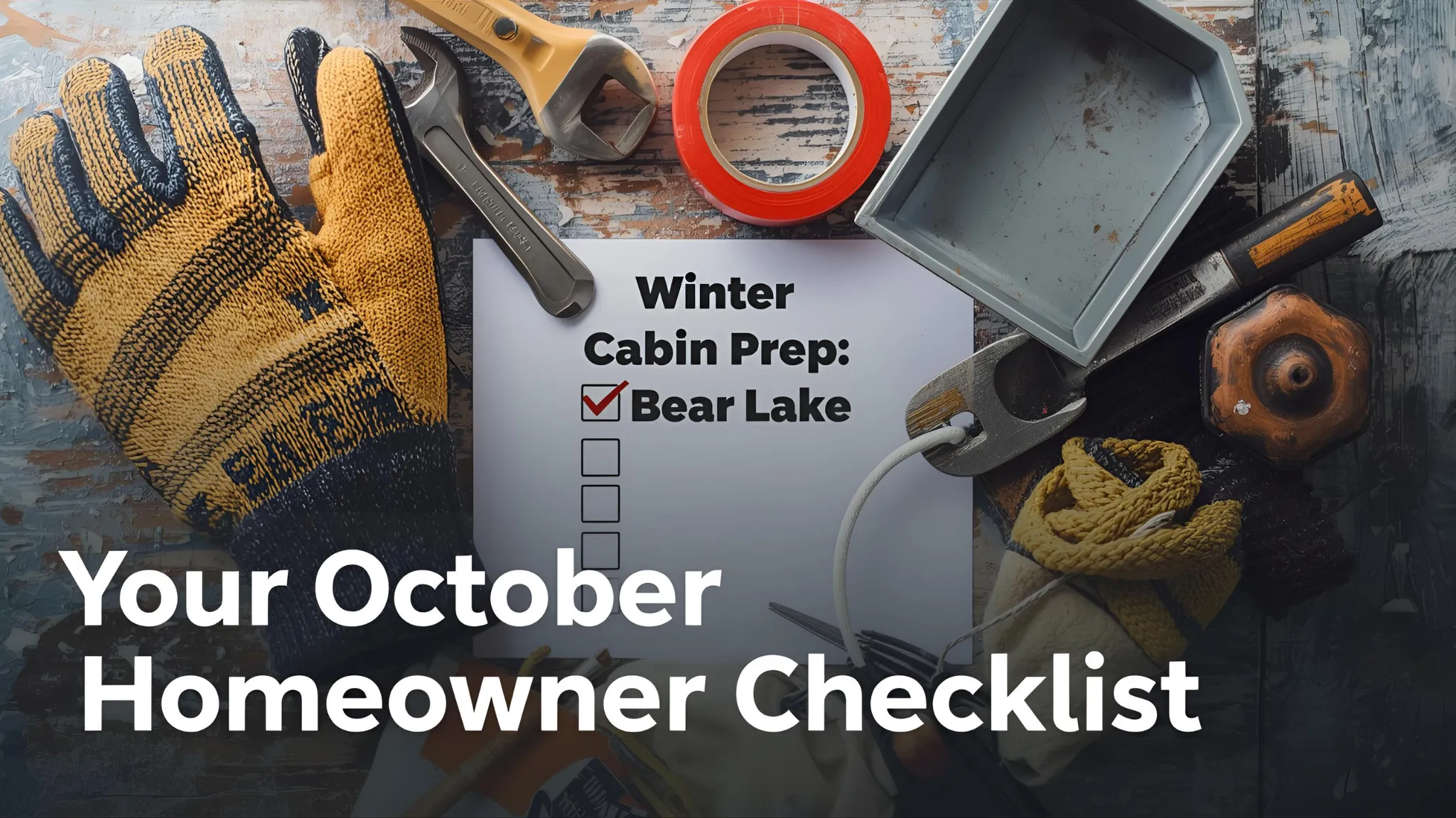 Gloves, tools, and checklist for winter cabin preparation in Bear Lake, emphasizing October homeowner checklist for winterization services.
