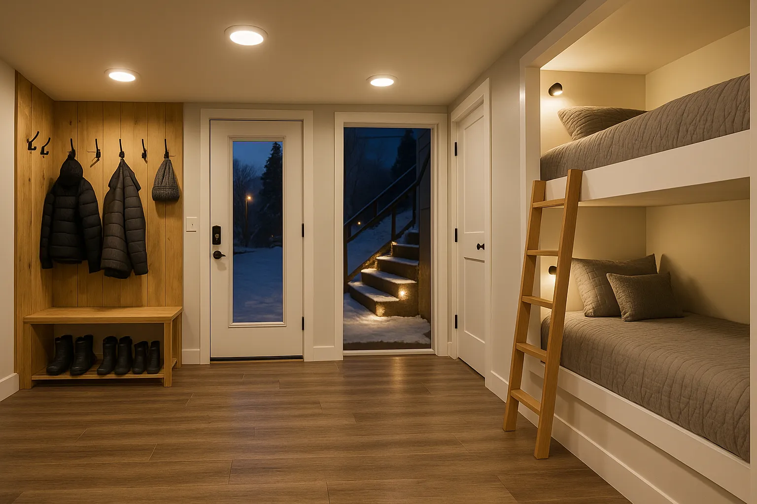 Cozy basement entry featuring bunk beds, wooden ladder, and storage for winter gear, ideal for Bear Lake remodels.