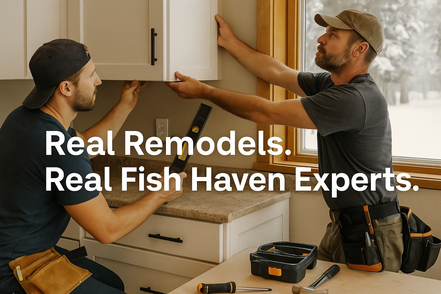 Two professionals installing cabinetry in a kitchen remodel, showcasing Fish Haven expertise with tools and a bright, functional space.