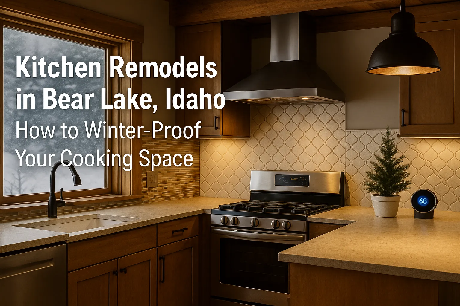 Kitchen remodel showcasing winter-proof design elements in Bear Lake, Idaho, featuring modern appliances, warm wood cabinetry, and decorative accents.