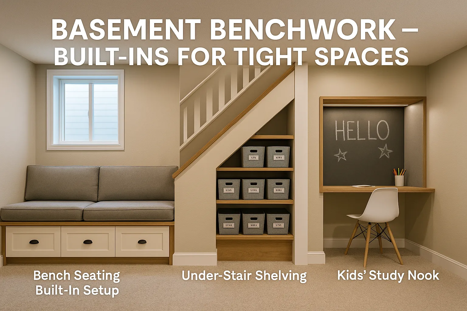 Basement built-in features including bench seating with storage, under-stair shelving, and a kids' study nook, designed for maximizing space in low-ceiling areas.