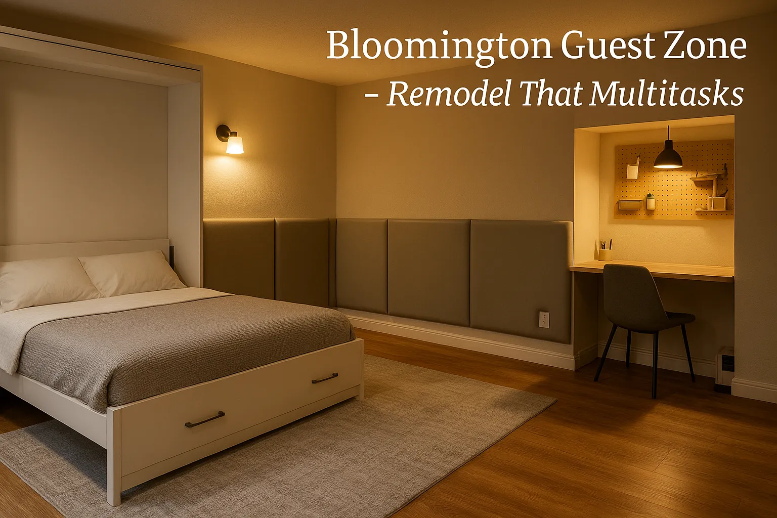 Bloomington guest zone featuring a multifunctional murphy bed, cozy decor, and a workspace with shelving, illustrating Bear Lake Services' basement remodeling capabilities.