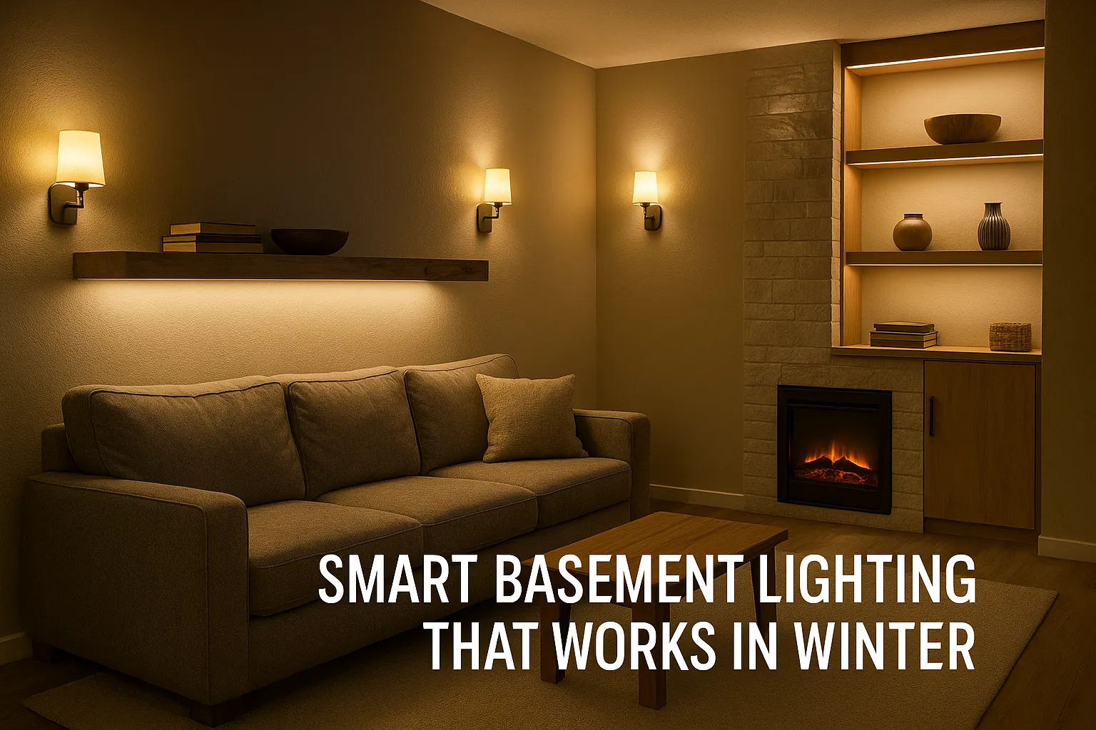 Smart basement lighting with warm tones, cozy couch, illuminated shelves, and electric fireplace, enhancing comfort and preventing mold growth in winter.