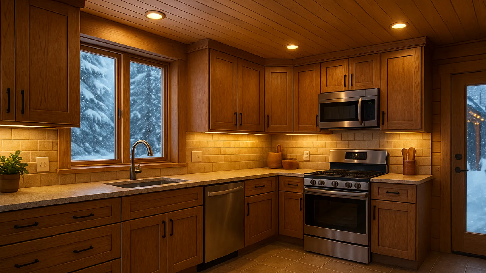 Modern kitchen with wooden cabinetry, stainless steel appliances, and energy-efficient windows showcasing a snowy landscape, emphasizing winter-proof design for Bear Lake remodels.