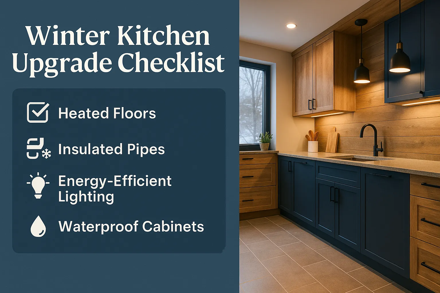 Winter kitchen upgrade checklist featuring heated floors, insulated pipes, energy-efficient lighting, and waterproof cabinets in a modern cabin kitchen setting.