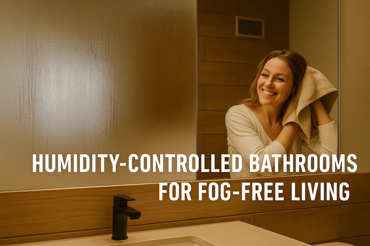 Humidity-controlled bathroom with a smiling woman drying her hair, modern design featuring a sleek black faucet and warm wood tones, emphasizing fog-free living solutions.