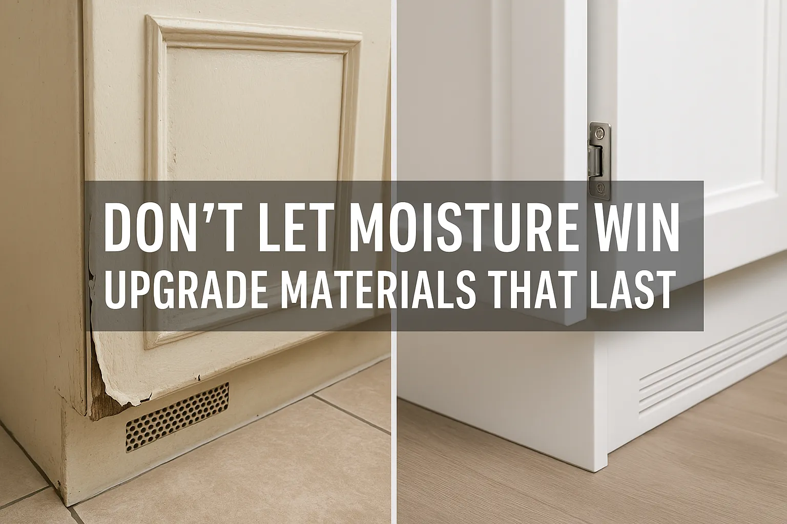 Moisture-damaged kitchen cabinet corner and new moisture-resistant cabinetry, emphasizing durable upgrades for lakefront kitchens in Fish Haven, Idaho.