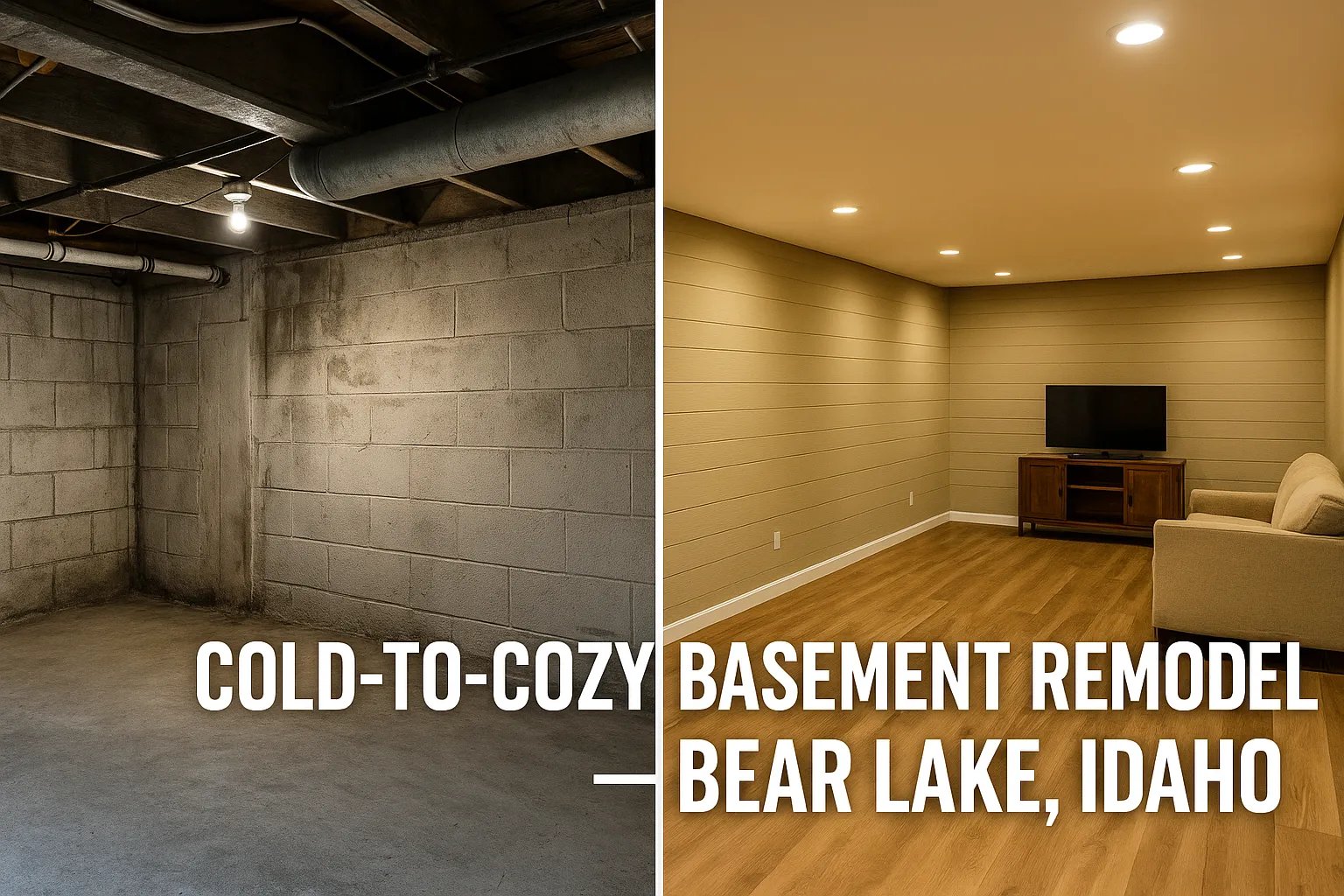 Cold-to-cozy basement remodel showcasing transformed living space in Bear Lake, Idaho, featuring modern lighting, warm wood flooring, and a comfortable seating area.