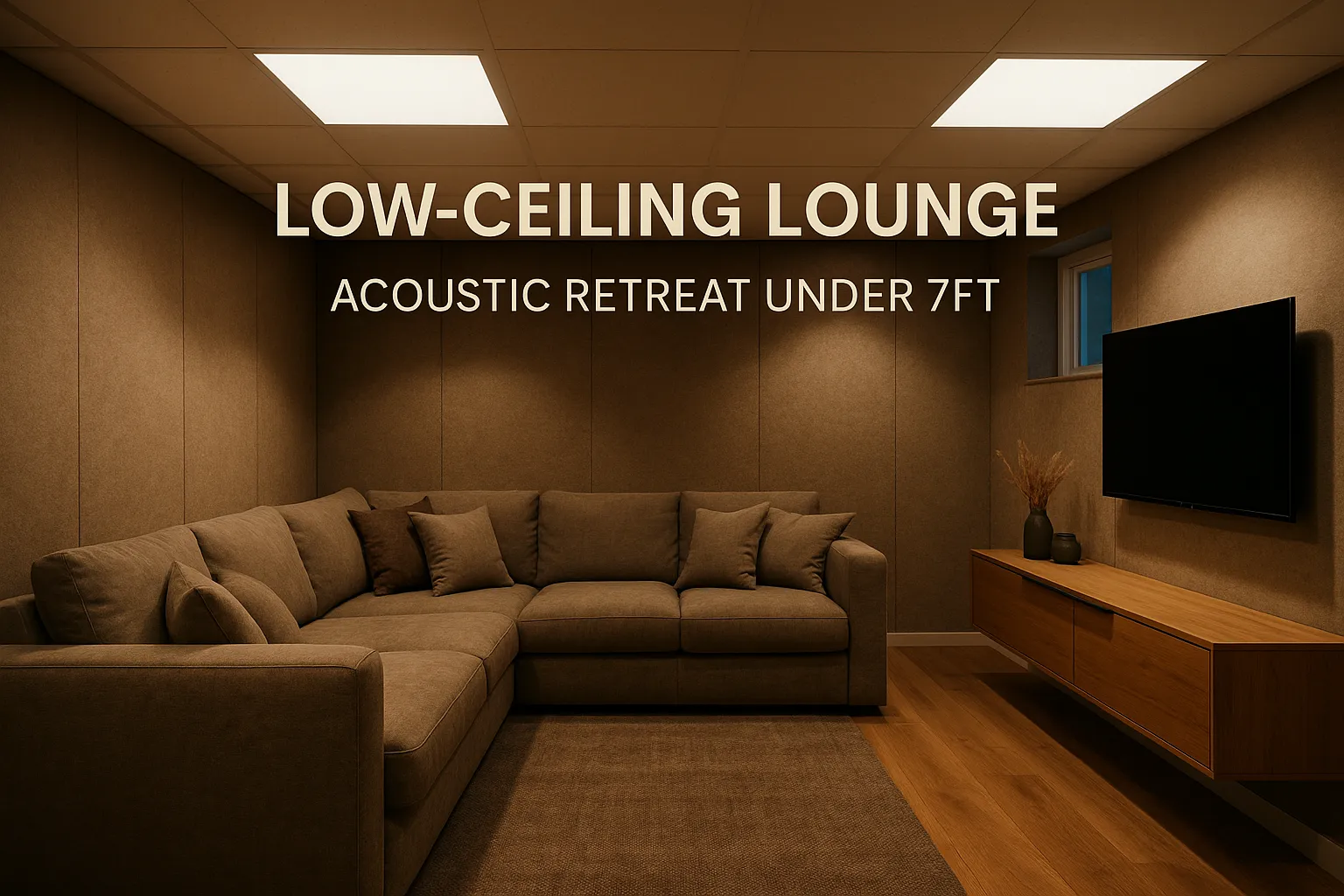 Low-ceiling lounge with a cozy sectional sofa, acoustic wall panels, and modern decor, showcasing a basement remodel for functional living space in Bloomington, Idaho.
