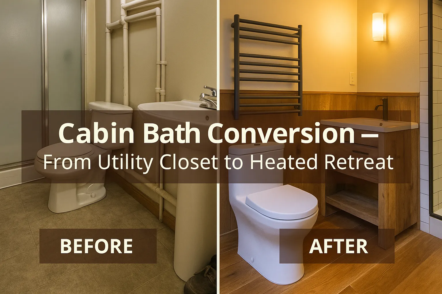 Cabin bathroom remodel showcasing transformation from utility closet to heated retreat, featuring modern toilet, wooden cabinetry, and heated towel rack, emphasizing winter-ready design for Bear Lake cabins.