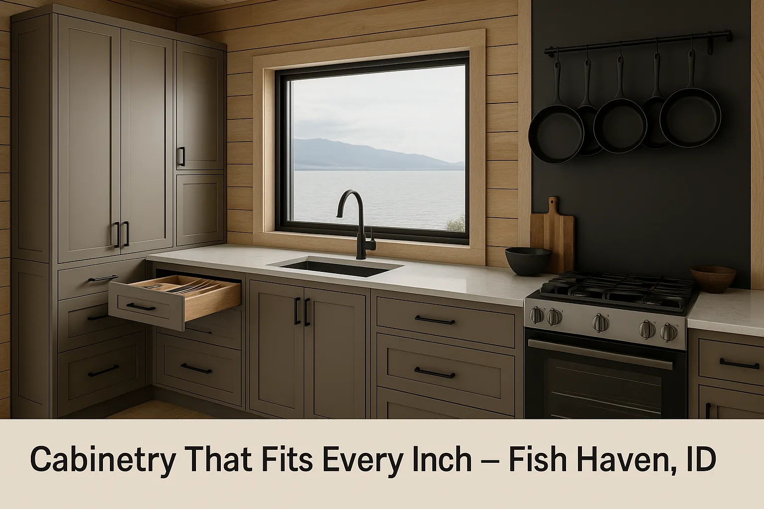 Modern kitchen cabinetry with a view of Fish Haven lake, featuring a sleek design, open drawer, and stainless steel appliances, emphasizing custom cabinetry solutions for small spaces.