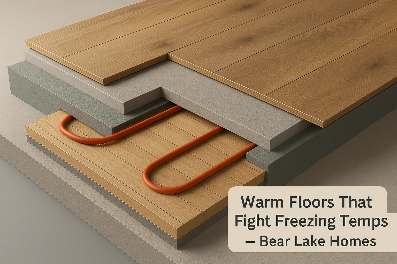 Warm flooring system with insulation layers and heating elements designed for Bear Lake homes, combating freezing temperatures and enhancing basement comfort.