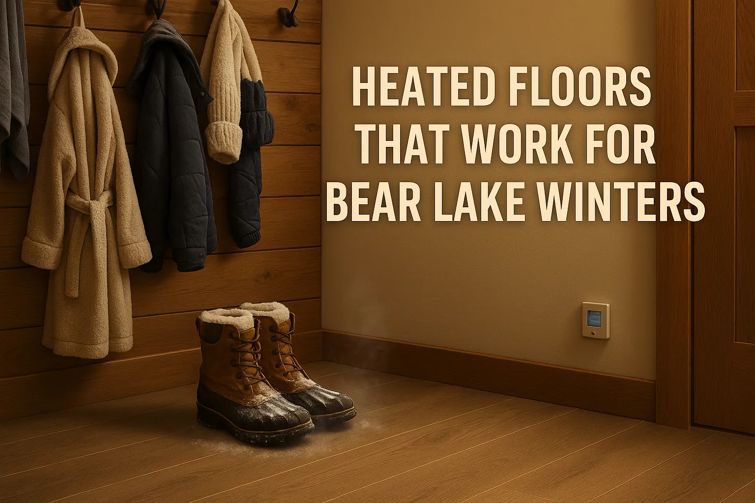 Heated floors in a cozy cabin entryway with winter boots, showcasing winter-ready design for Bear Lake's cold climate.