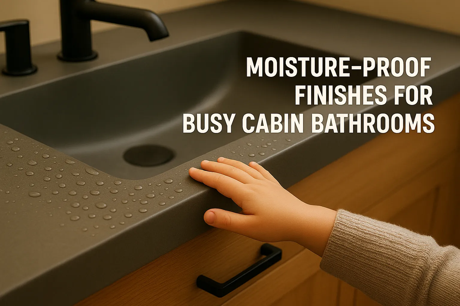 Moisture-proof countertop with water droplets, hand touching surface, emphasizing low-maintenance finishes for busy cabin bathrooms.