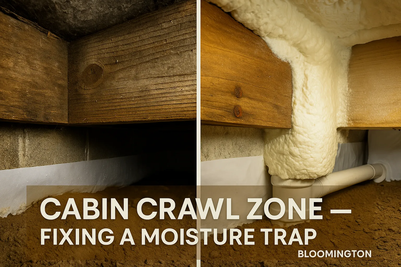 Cabin crawl zone before and after moisture trap remediation, showcasing wooden beams and foam insulation installation in a basement setting, relevant to moisture management and remodeling in Bloomington, Idaho.