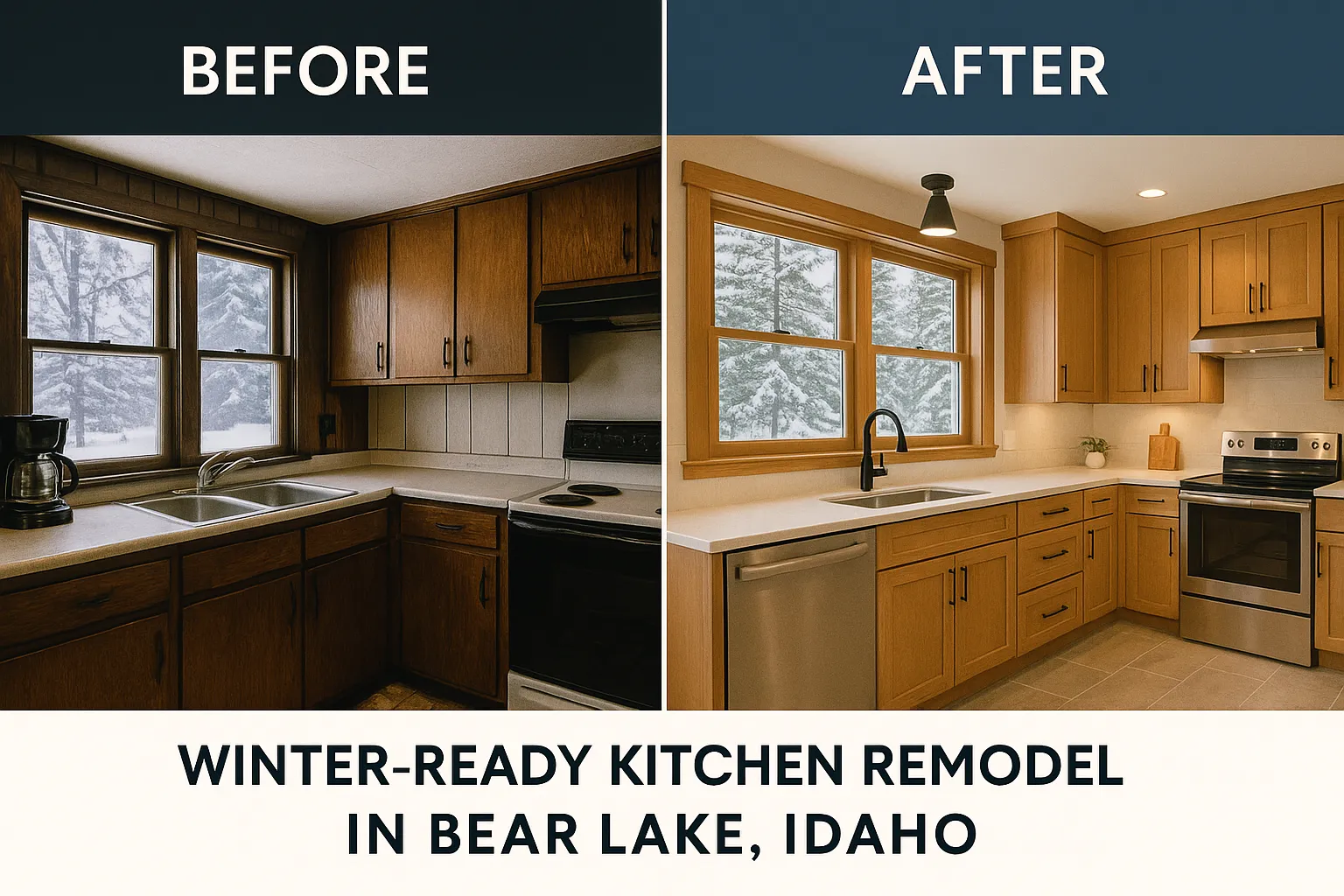 Winter-ready kitchen remodel in Bear Lake, Idaho, showcasing updated moisture-resistant cabinets, energy-efficient appliances, and heated tile floors, contrasting before and after images.