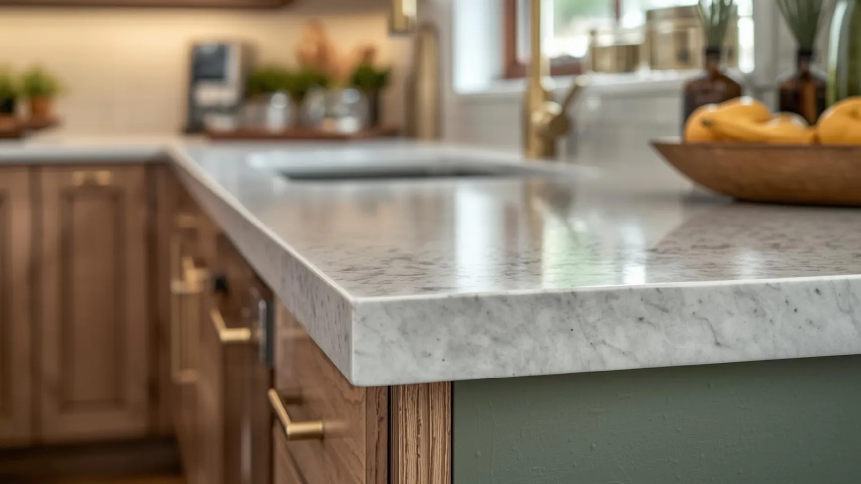 Countertop with a polished marble surface and wooden cabinetry, showcasing gold hardware and a neutral color palette, reflecting high-end kitchen design trends for Bear Lake cabin kitchens.