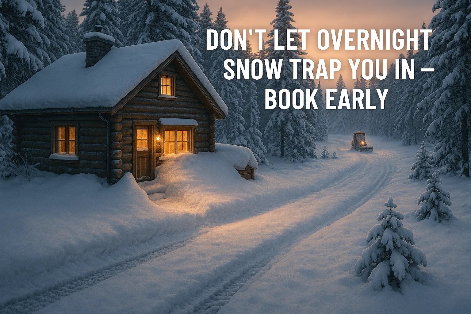 Cozy log cabin surrounded by snow-covered trees, illuminated windows, and a snowplow on a snowy path, emphasizing the importance of early snow removal preparations in Bear Lake, Idaho.