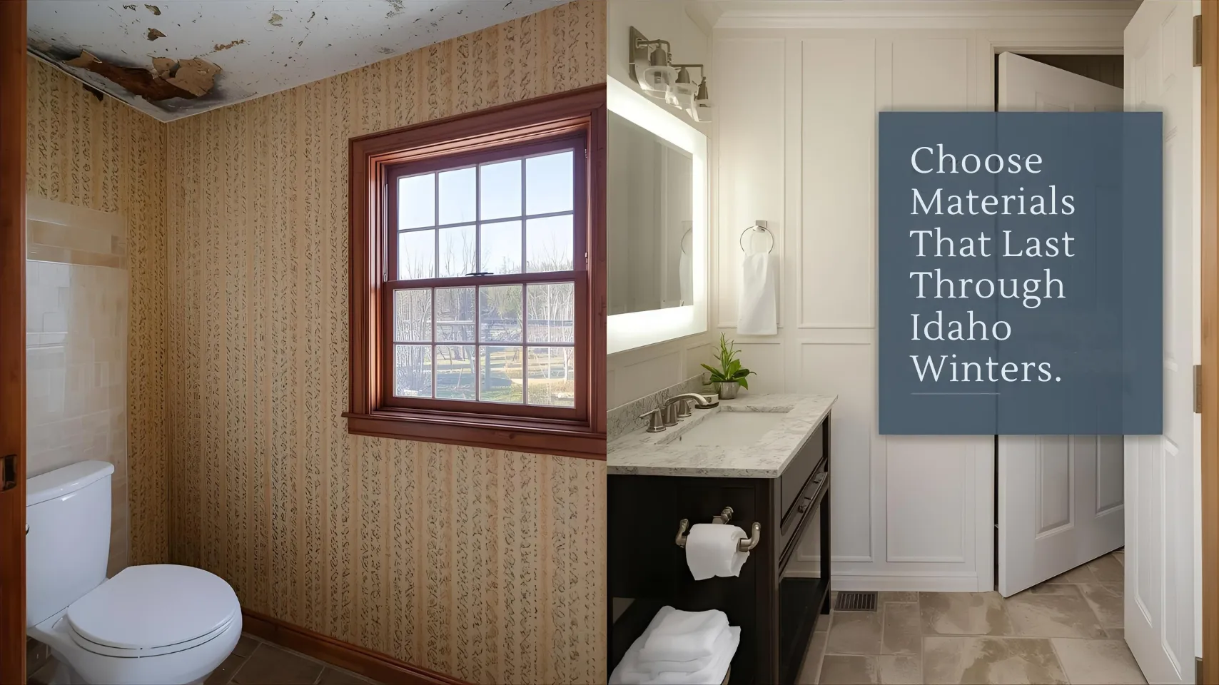 Before and after images of a bathroom remodel, showcasing water damage and outdated fixtures on the left, and a modern, winter-ready design with a sleek vanity and illuminated mirror on the right, emphasizing the importance of durable materials for Idaho winters.