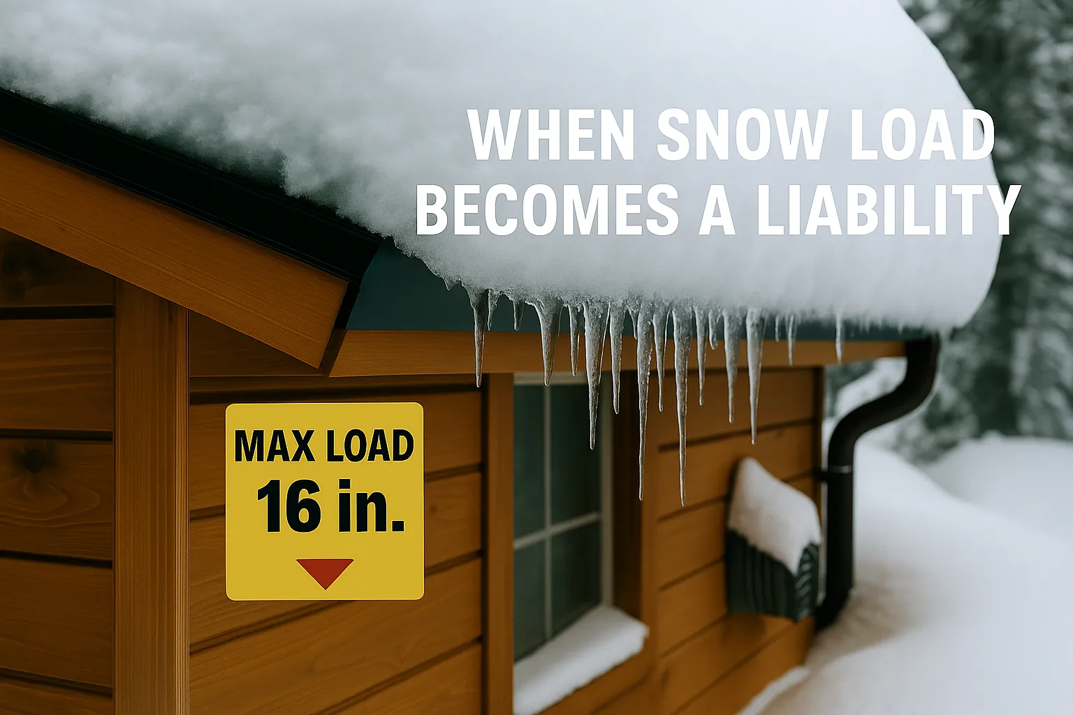 Roof with snow load warning sign reading "MAX LOAD 16 in." and icicles, emphasizing snow load safety in Bear Lake, Idaho.