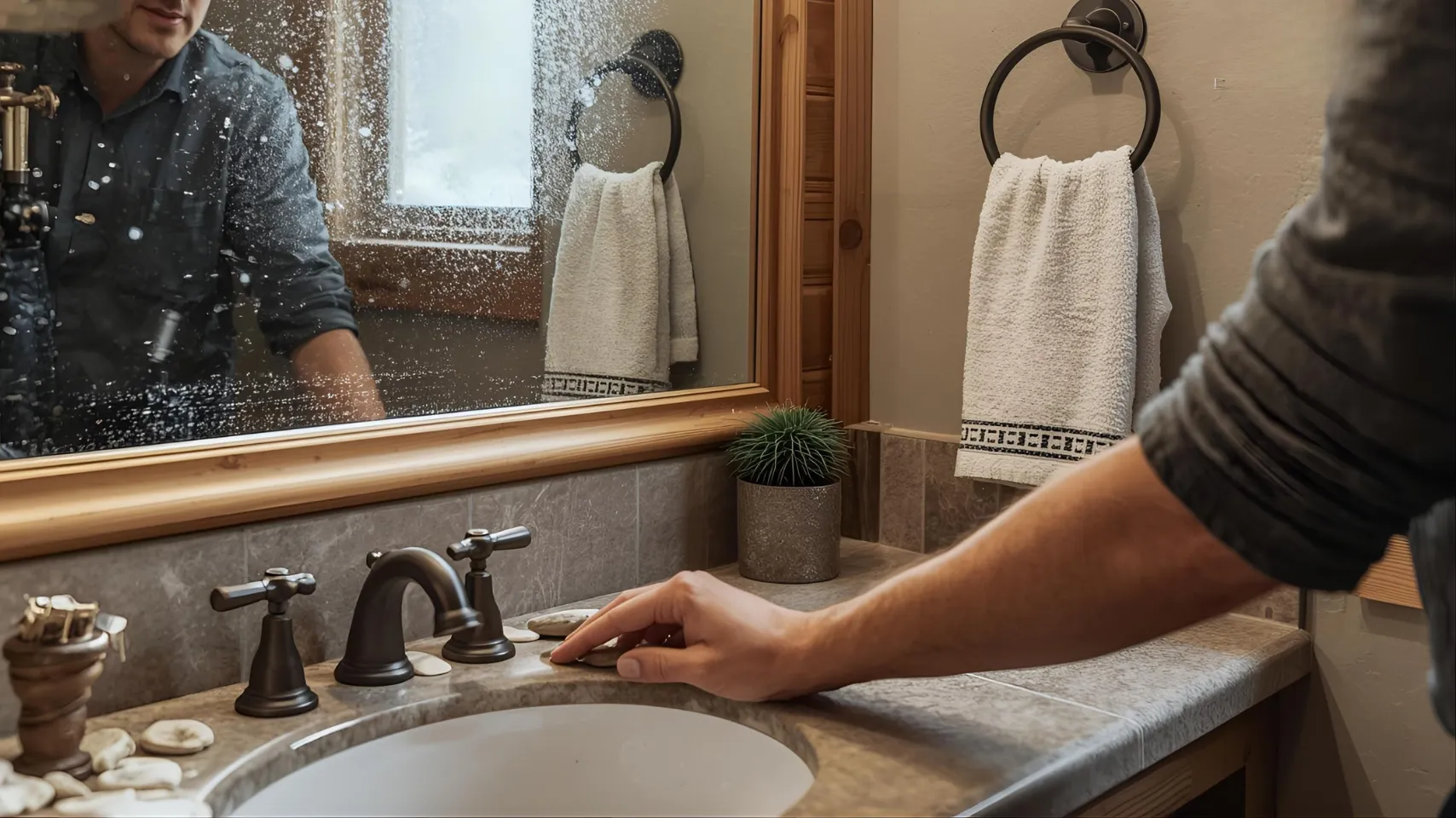 Man adjusting faucet in a winter-ready bathroom with steam on mirror, featuring heated towel rack and decorative elements, emphasizing moisture control in cold climates.