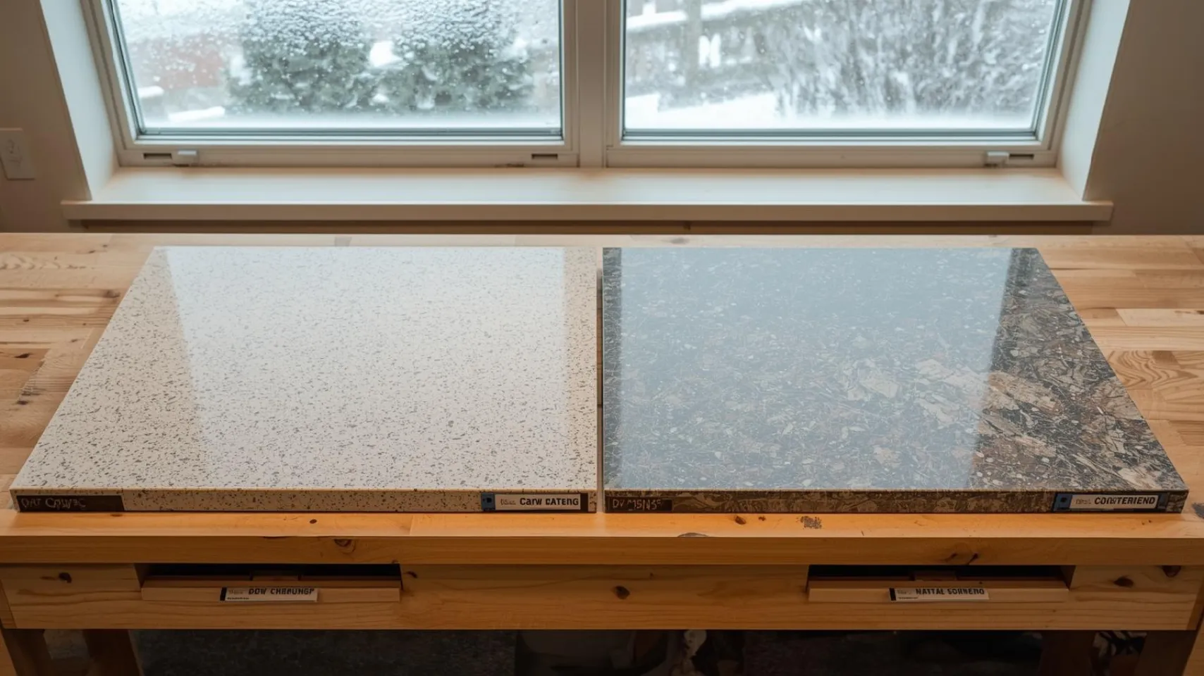 Quartz and natural stone countertop samples on wooden table, showcasing options for kitchen remodeling in Bear Lake cabins.