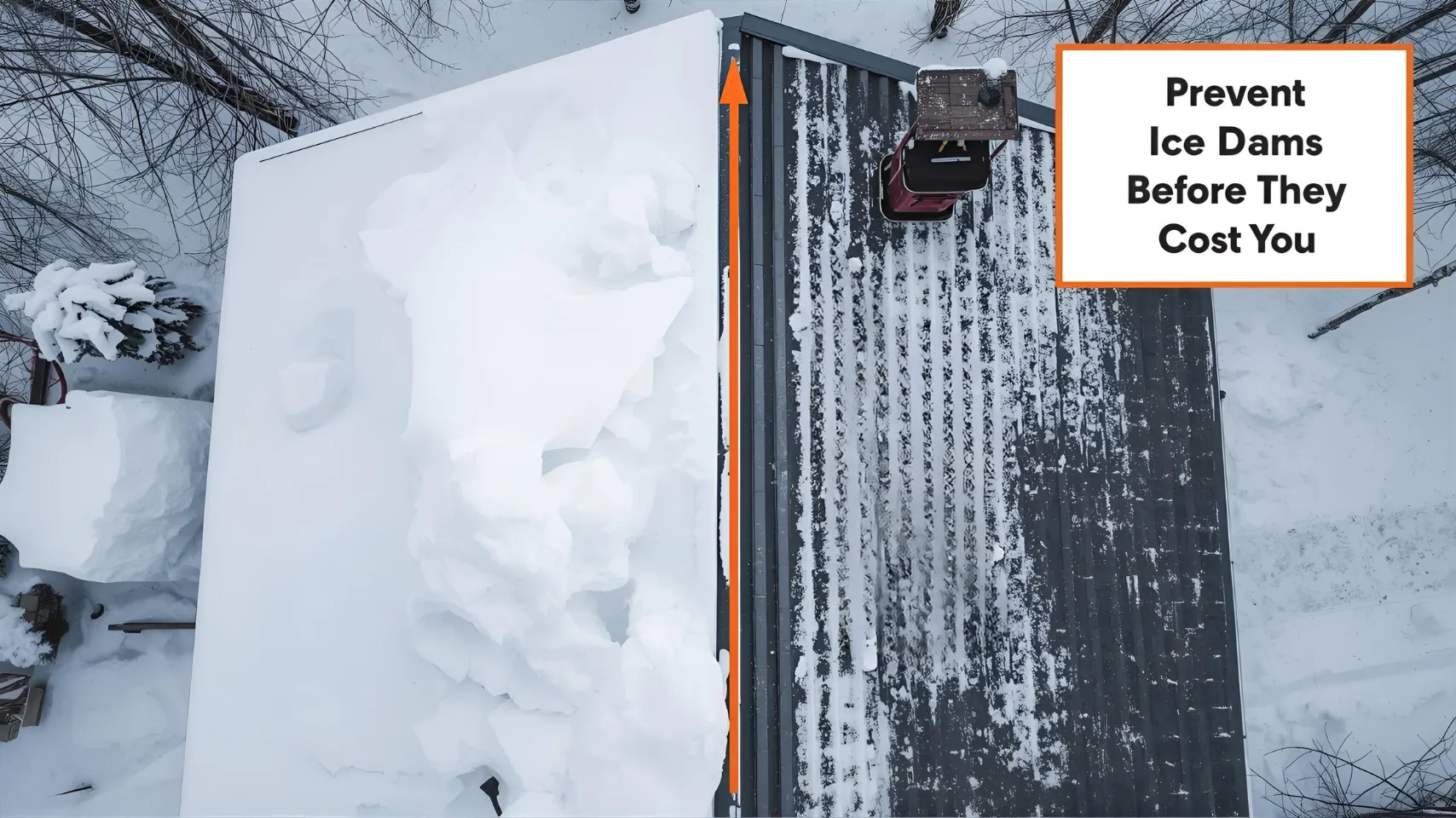 Aerial view of a snow-covered roof with significant snow buildup and a warning sign stating "Prevent Ice Dams Before They Cost You," emphasizing the importance of proactive snow management for home safety in Fish Haven, Idaho.