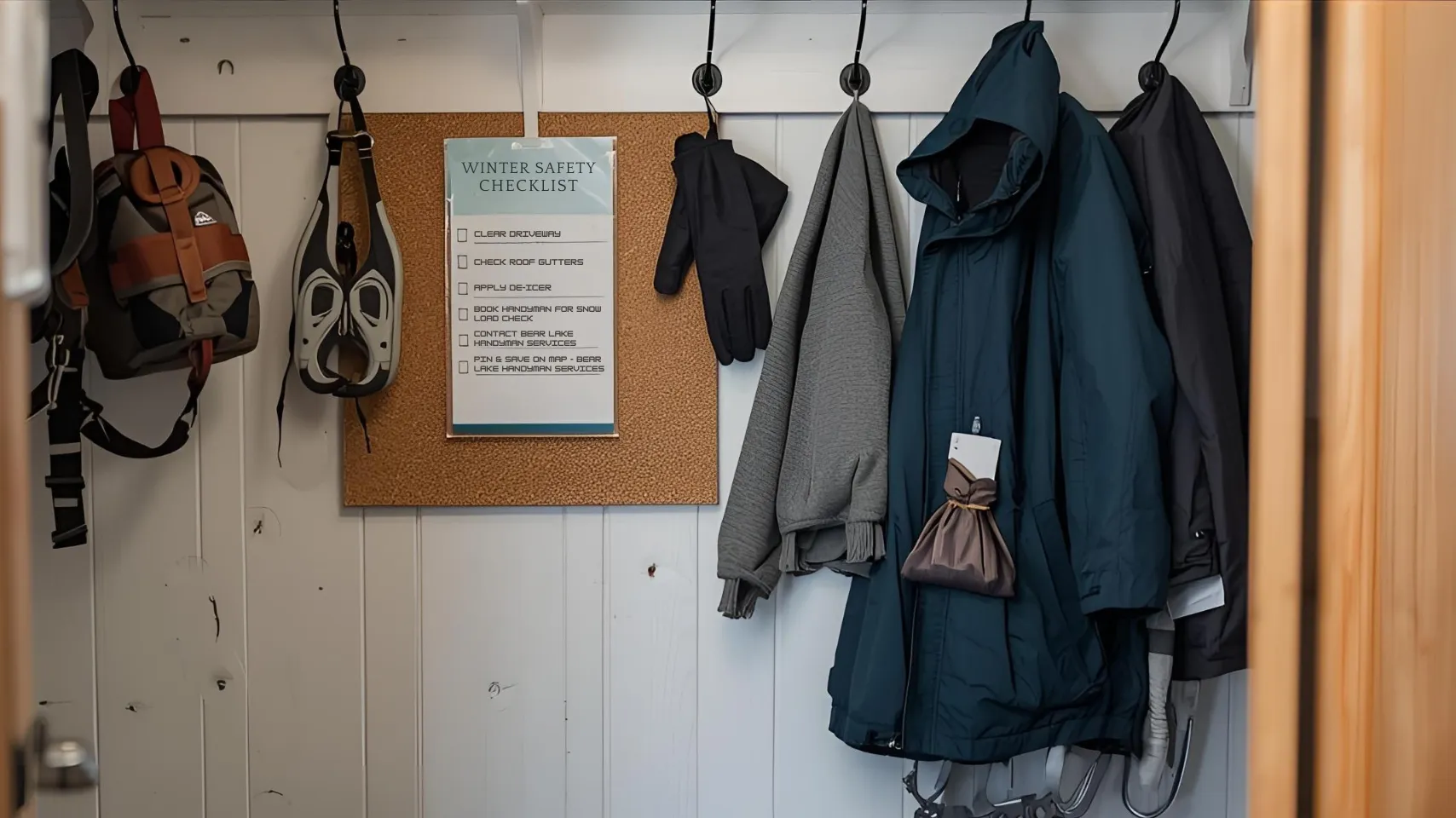 Winter safety checklist on corkboard with winter gear including jackets, gloves, and bags in a home entryway, emphasizing preparedness for snow management in Fish Haven.