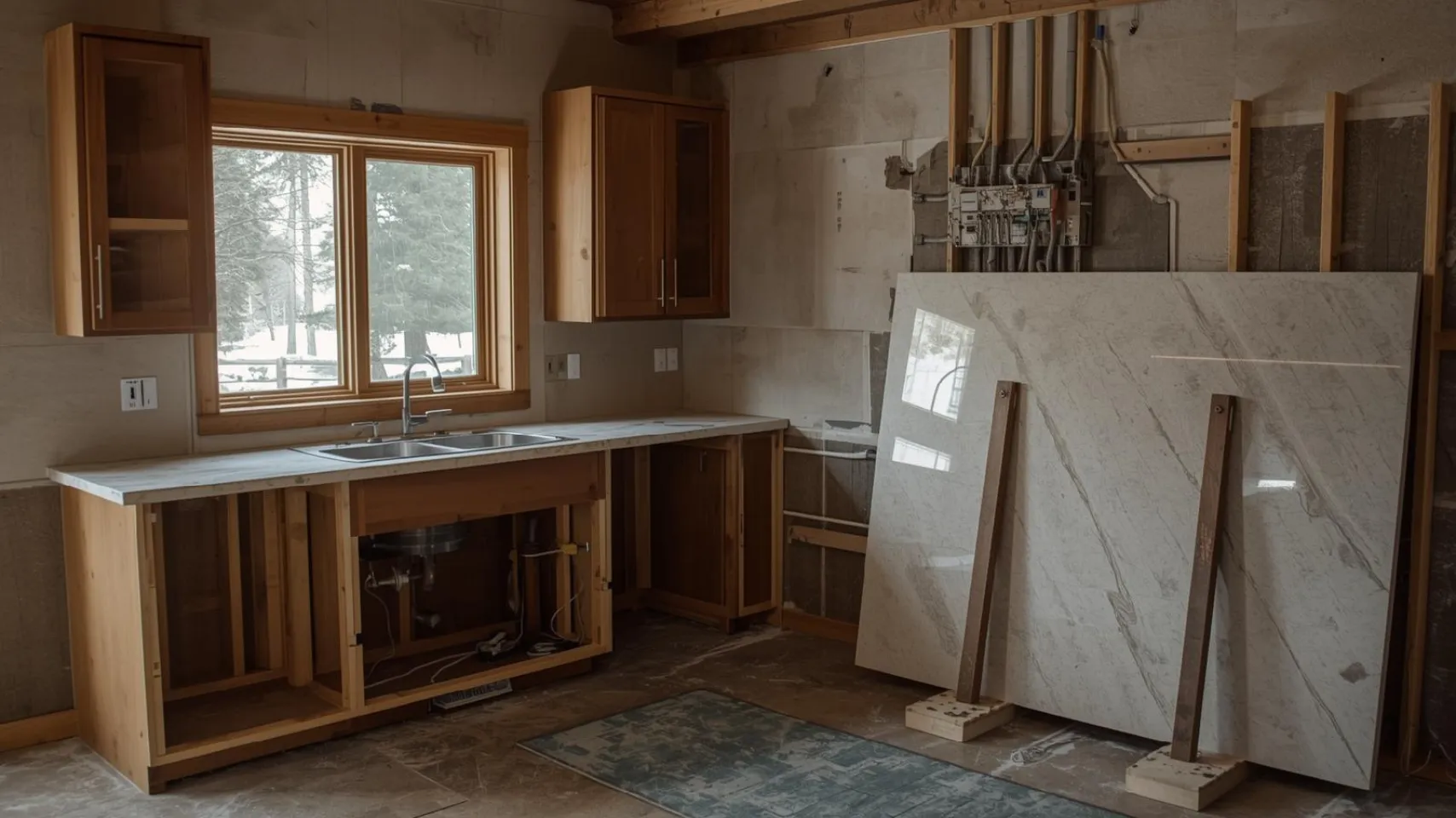 Kitchen under renovation featuring custom marble countertop slabs, wooden cabinetry, and a window view of a snowy landscape, emphasizing high-quality materials for Bear Lake kitchen remodels.