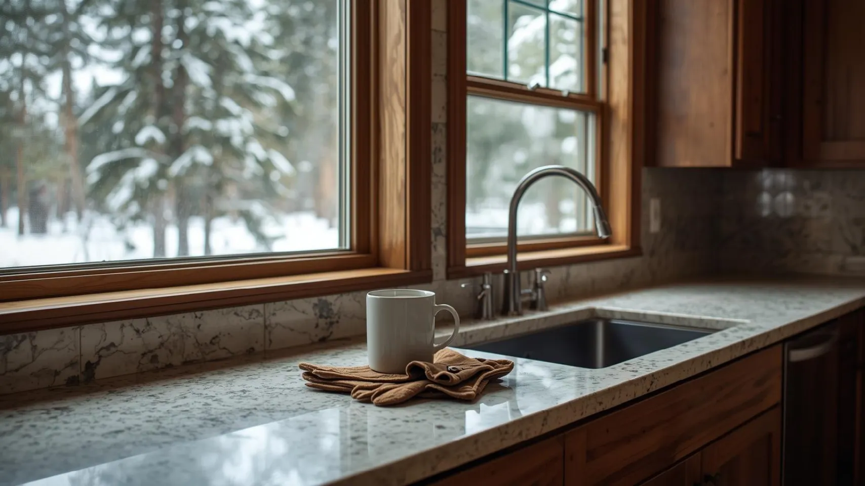 Kitchen countertop with marble surface, coffee mug, and dish towel, showcasing a cozy cabin kitchen in Bear Lake, Idaho, emphasizing functionality and aesthetics in remodeling.