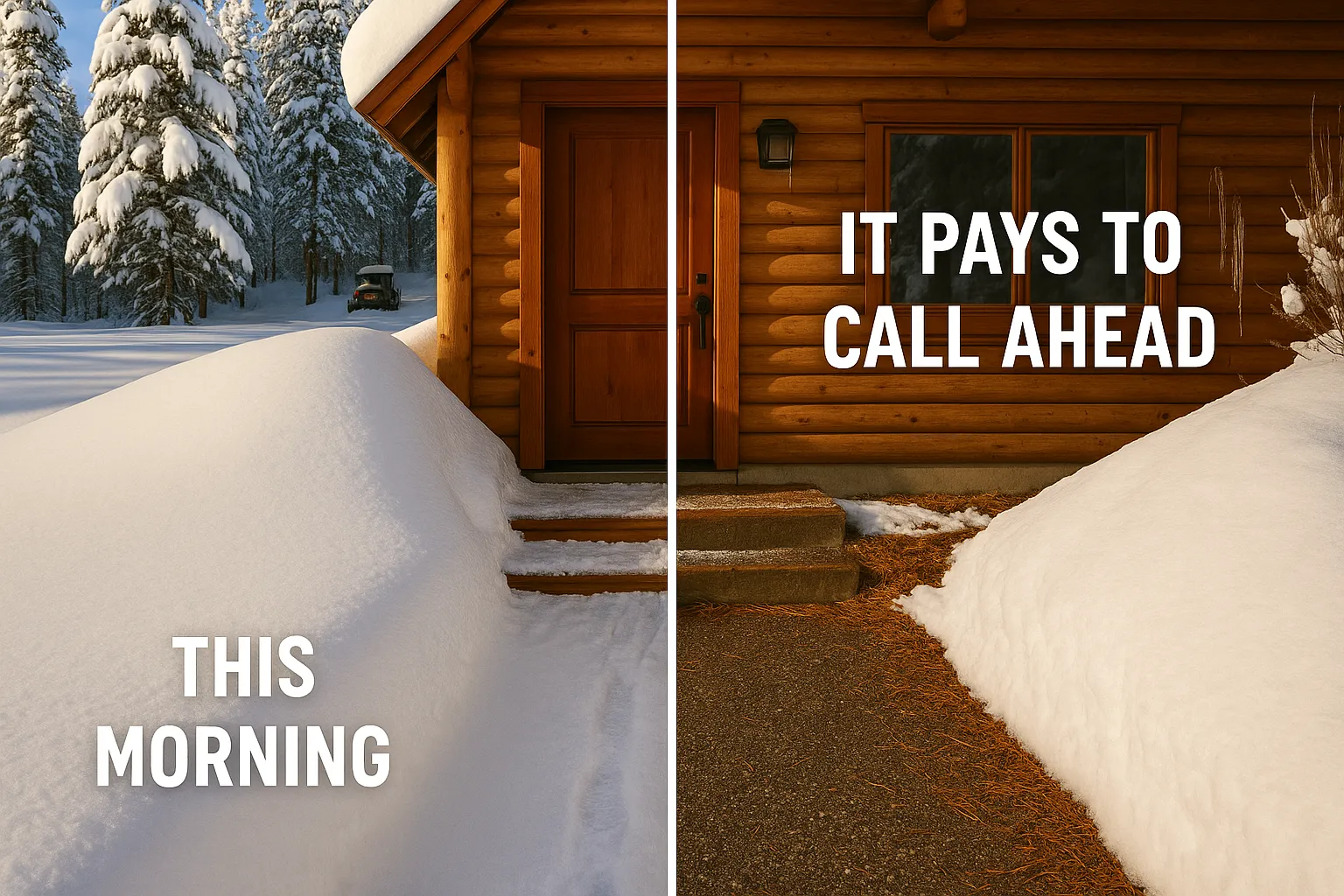 Snow-covered cabin entrance with a large snowbank and clear pathway, emphasizing winter snow removal services and safety for guest access.
