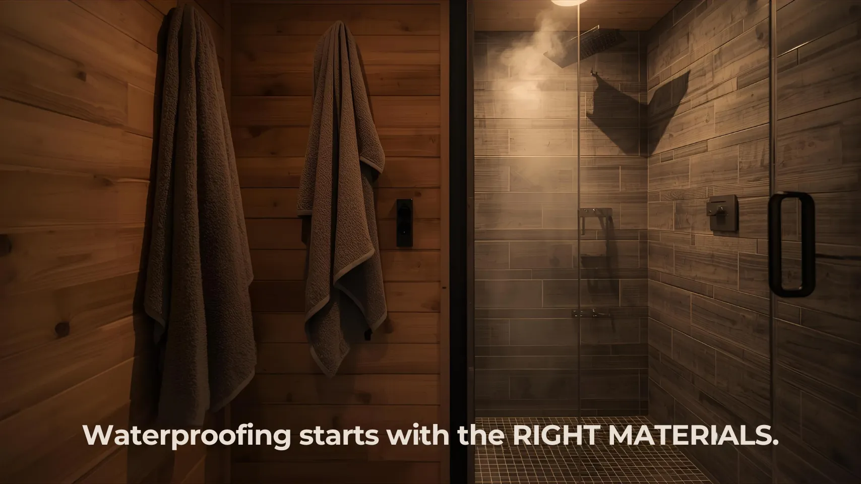 Bathroom interior with wooden walls, towels hanging, and a glass shower; emphasizes waterproofing materials for winter-ready remodels in Fish Haven, Idaho.