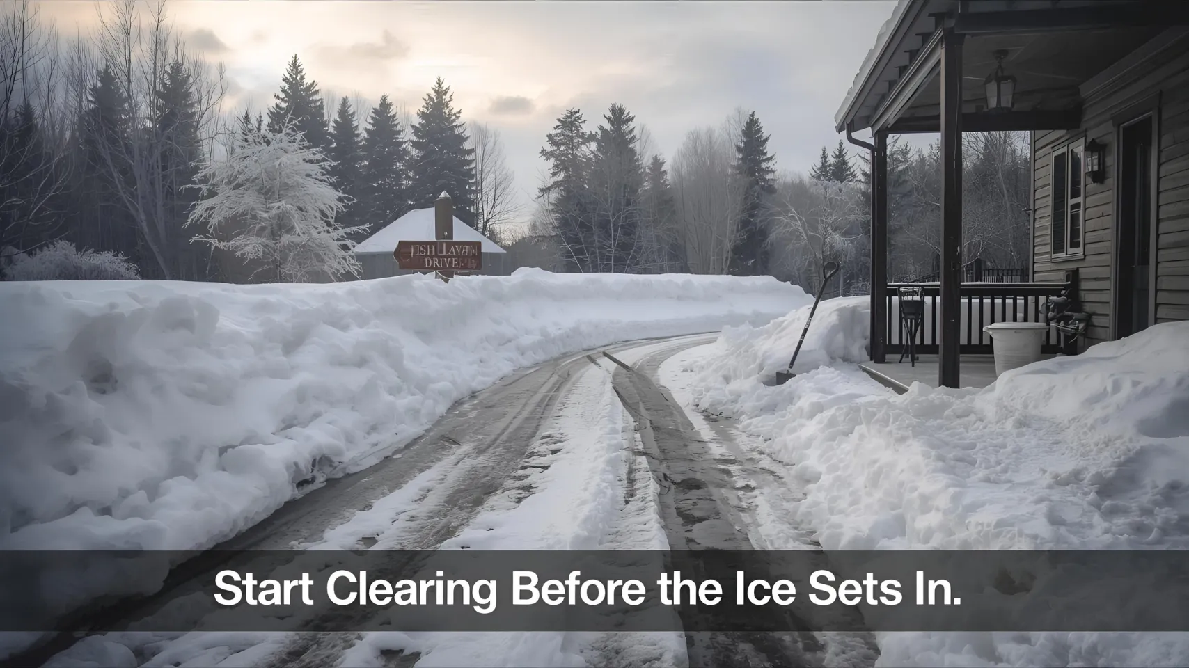 Snow-covered driveway with a "Fish Haven Drive" sign, emphasizing winter maintenance and snow removal services for safe home access during winter months.