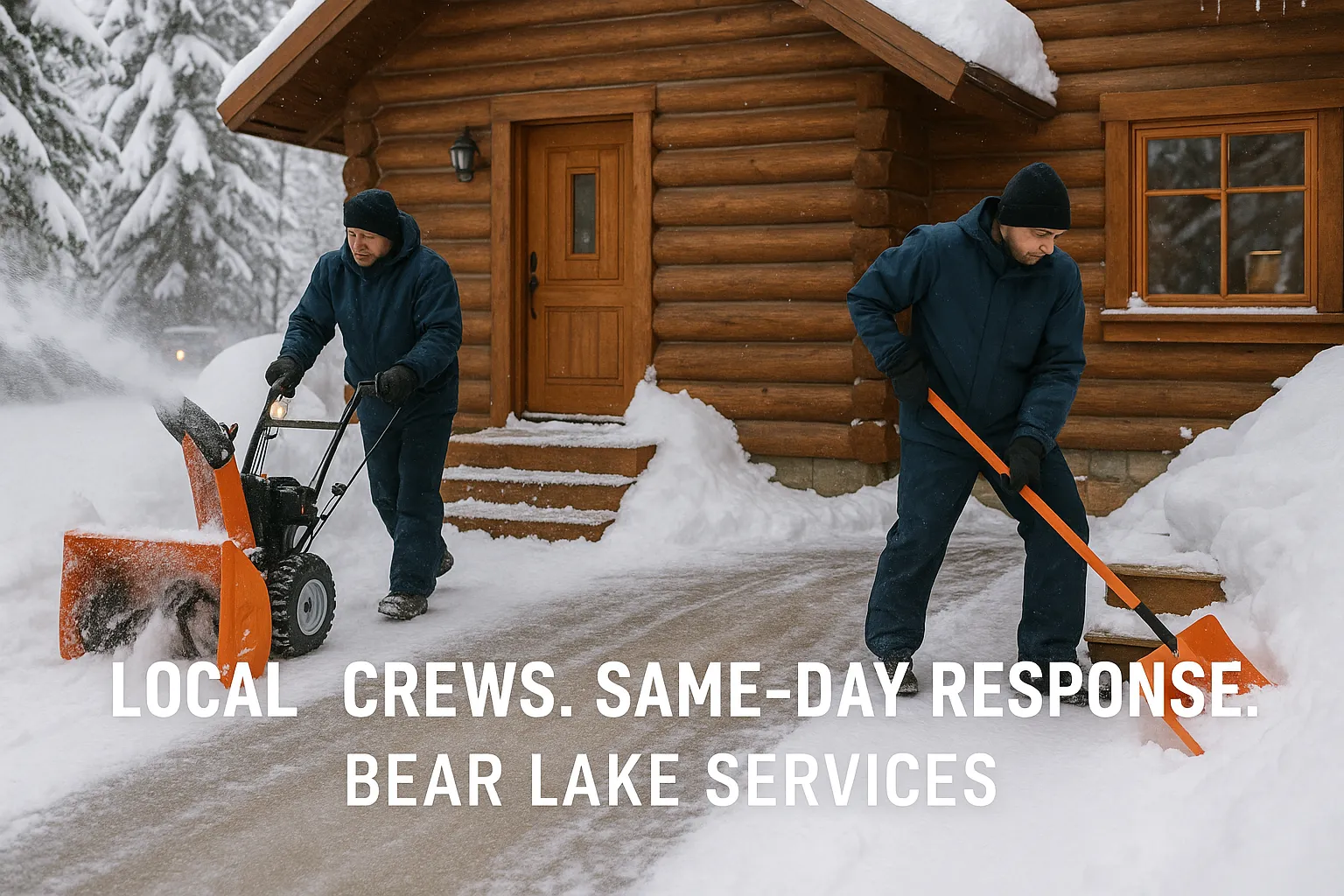 Local snow removal crew clearing driveway and walkway near log cabin in Bear Lake, Idaho, emphasizing same-day response and preventive maintenance.
