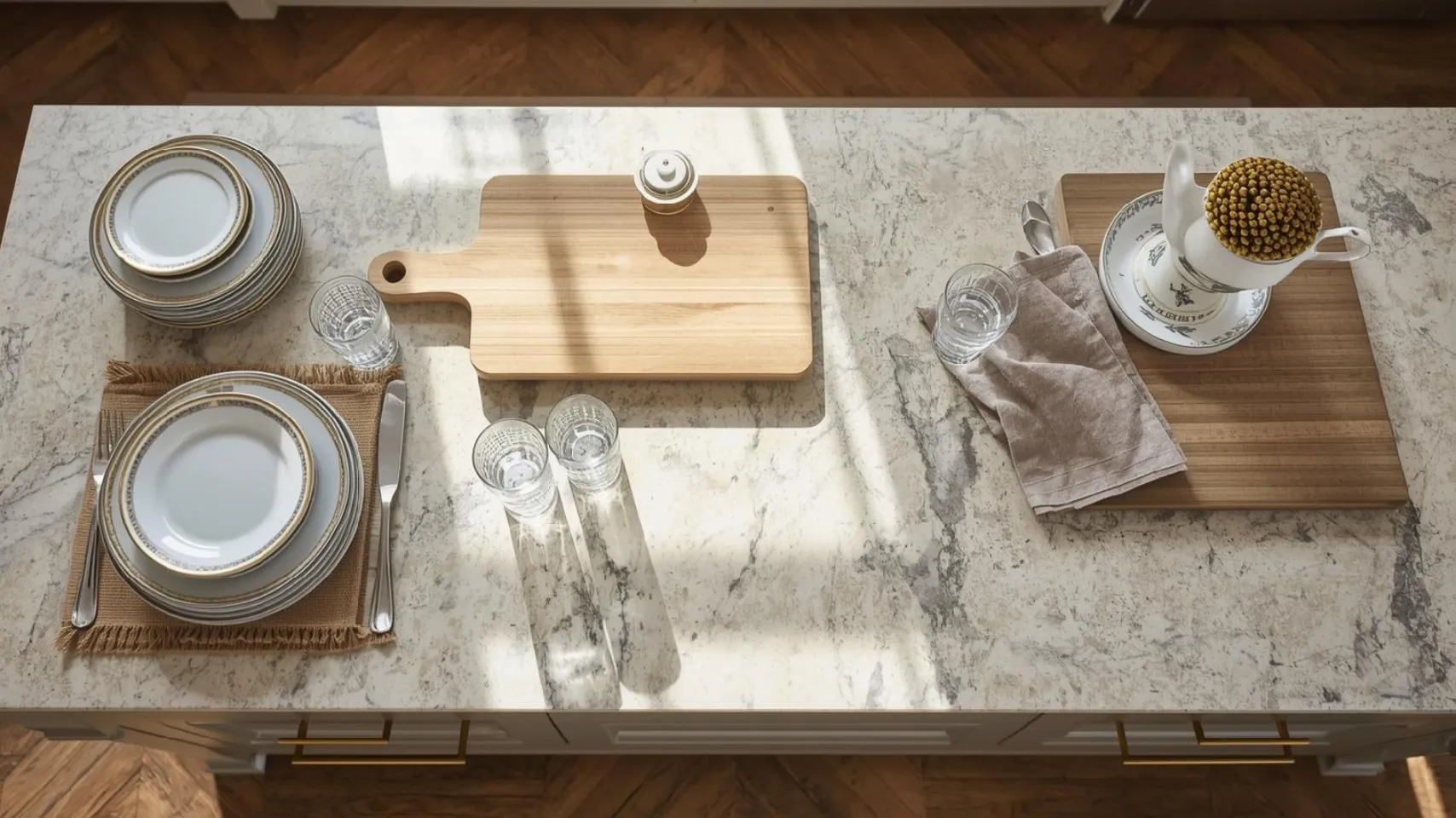 Countertop in a lake house kitchen featuring elegant dinnerware, glassware, and a wooden cutting board, highlighting moisture-resistant materials suitable for Fish Haven remodels.