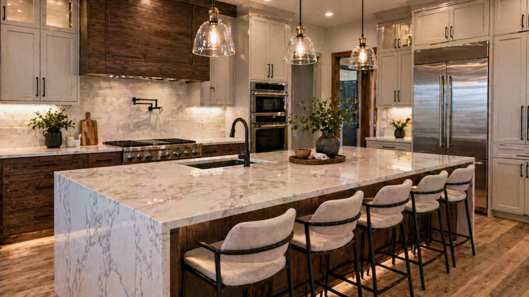 Modern kitchen with marble countertops, wooden cabinetry, stainless steel appliances, and pendant lighting, featuring a central island with seating, emphasizing high-end finishes and design in Bloomington, Idaho kitchen remodel.