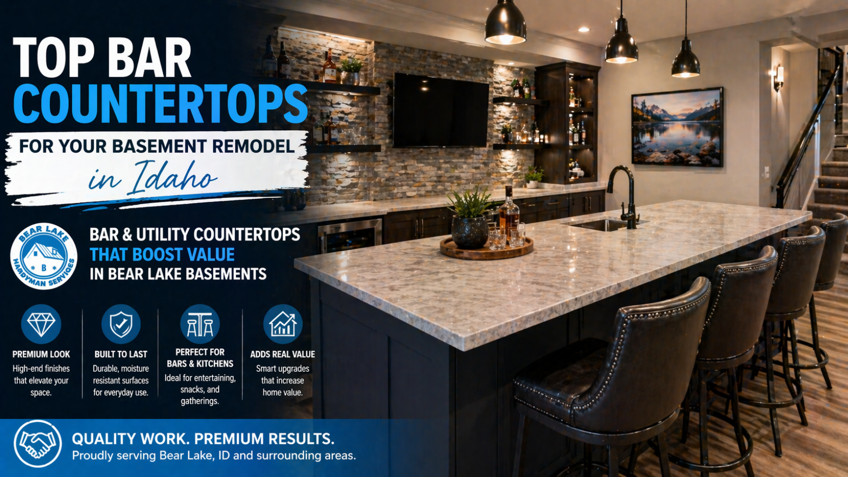 Top bar countertops in a stylish basement remodel, featuring a large stone island, dark cabinetry, and modern fixtures, promoting Bear Lake Handyman Services for basement upgrades in Idaho.